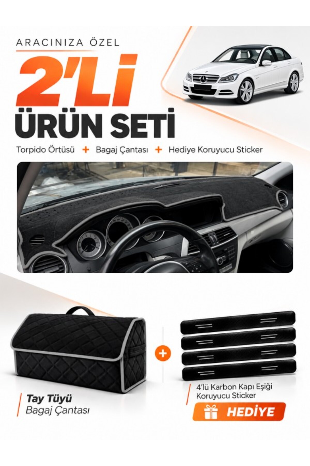 MERCEDES W204 C180 (2007-2014) Uyumlu Torpido Örtüsü + Tay Tüyü Bagaj Çantası + Sticker Seti - MB006 Siyah-Gri