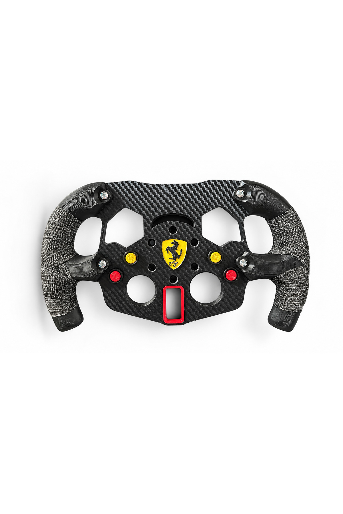 Logitech G29, G920 ve G923 uyumlu Ferrari F1 direksiyon kiti, takım logosu ve düğme ayrıntıları ve ön yüz görünümü.