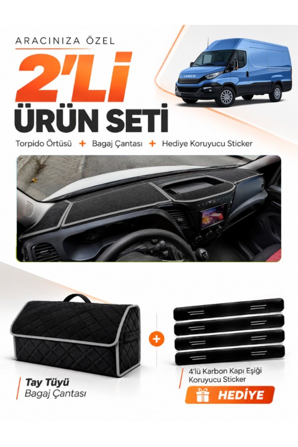 IVECO DAILY (2015-2021) Uyumlu Torpido Örtüsü + Tay Tüyü Bagaj Çantası + Sticker Seti - IV002 Siyah-Gri