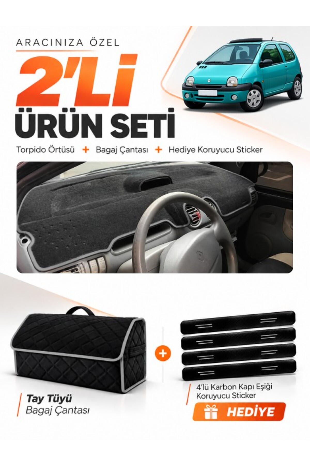 RENAULT TWINGO (1998-2000) Uyumlu Torpido Örtüsü + Tay Tüyü Bagaj Çantası + Sticker Seti - RE050