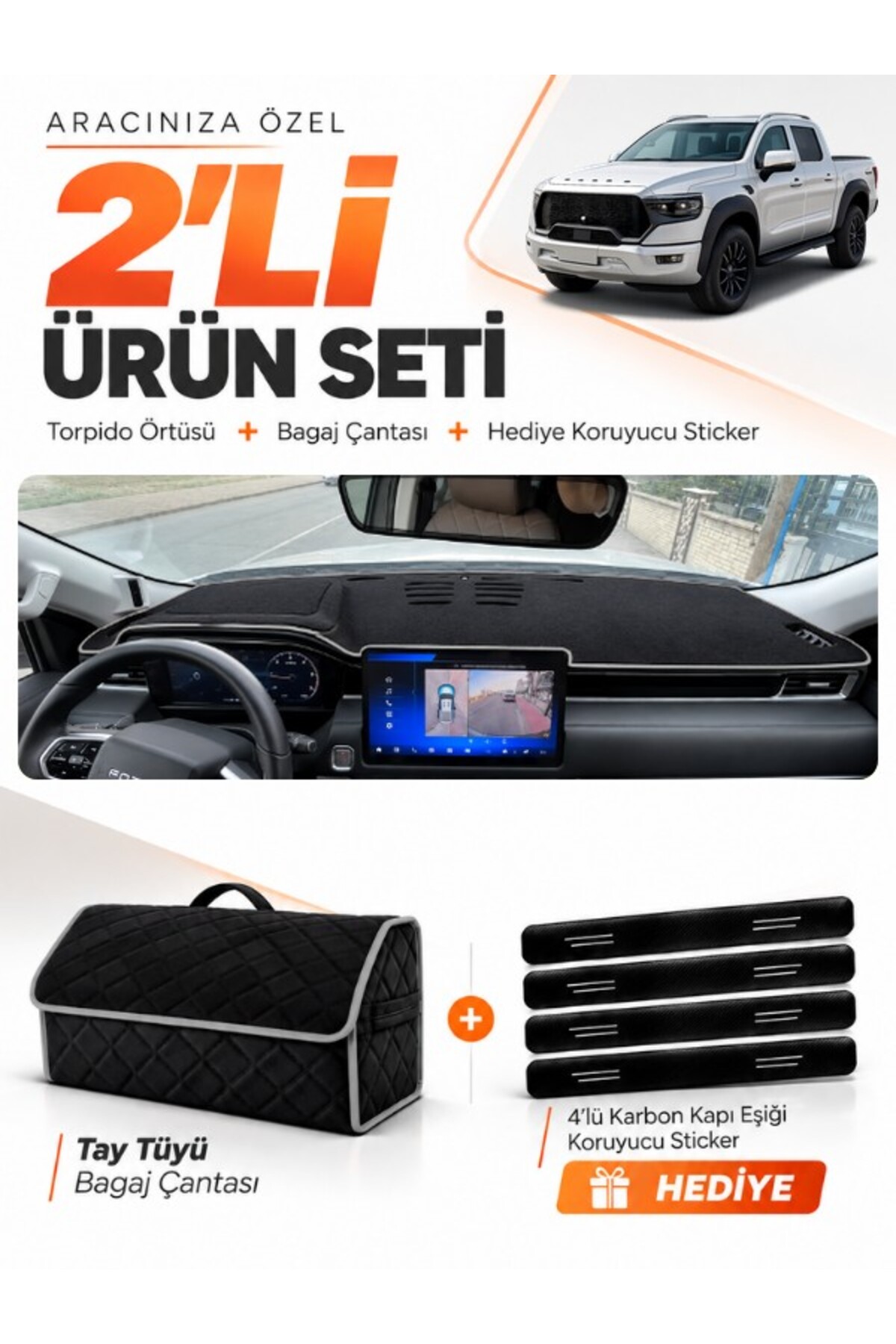 FOTON TUNLAND V9 (2025-SONRASI) Uyumlu Torpido Örtüsü + Tay Tüyü Bagaj Çantası Seti - FT001 Siyah-Gri