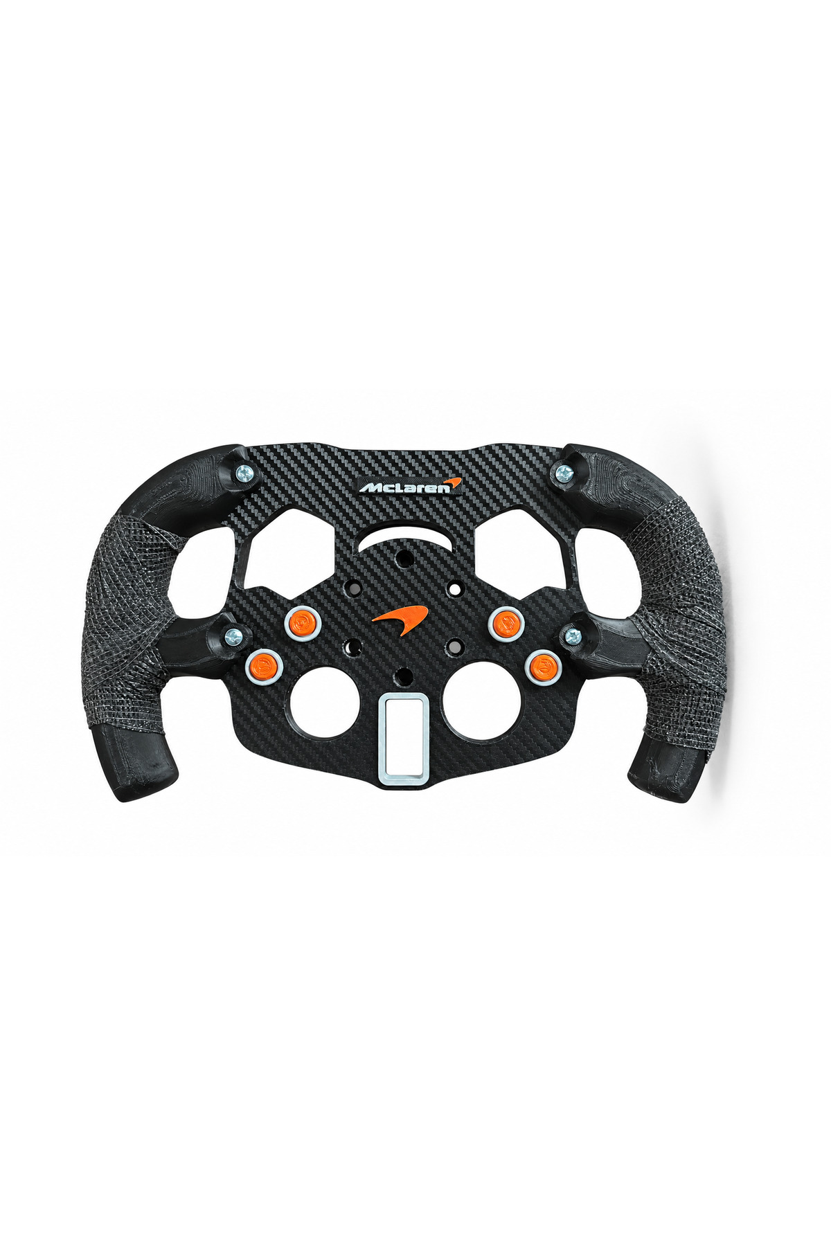 Logitech G29, G920 ve G923 uyumlu McLaren F1 direksiyon kiti, takım logosu ve düğme ayrıntıları ve ön yüz görünümü.