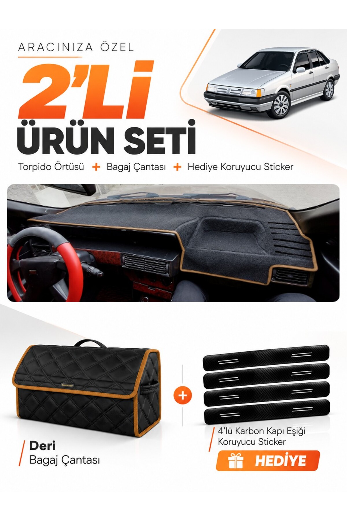 FIAT TEMPRA (1992-1997) ANALOG KONSOL Uyumlu Torpido Örtüsü + Deri Bagaj Çantası Seti - FI020 Siyah-Kahverengi