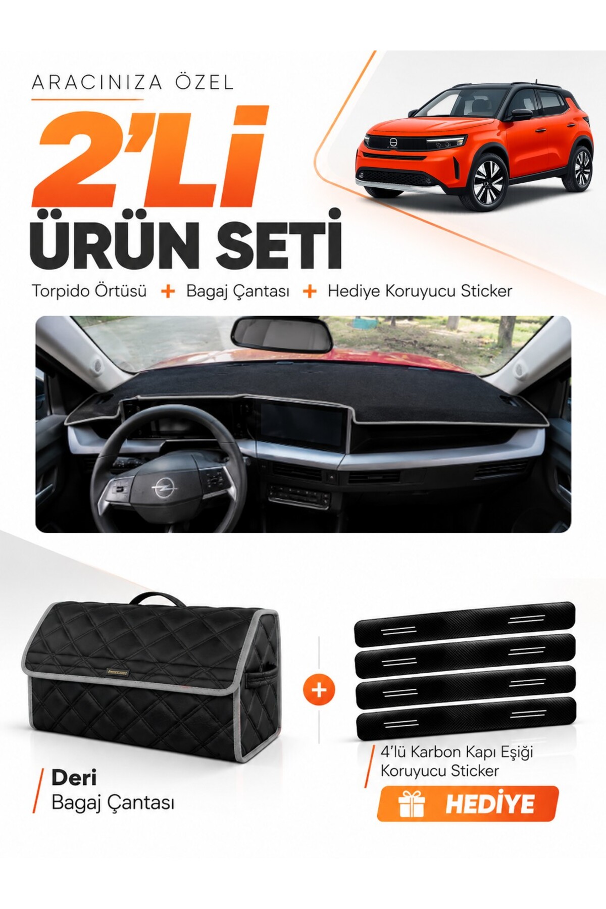 OPEL FRONTERA (2025-SONRASI) Uyumlu Torpido Örtüsü + Deri Bagaj Çantası + Sticker Seti - OP025 Siyah-Gri