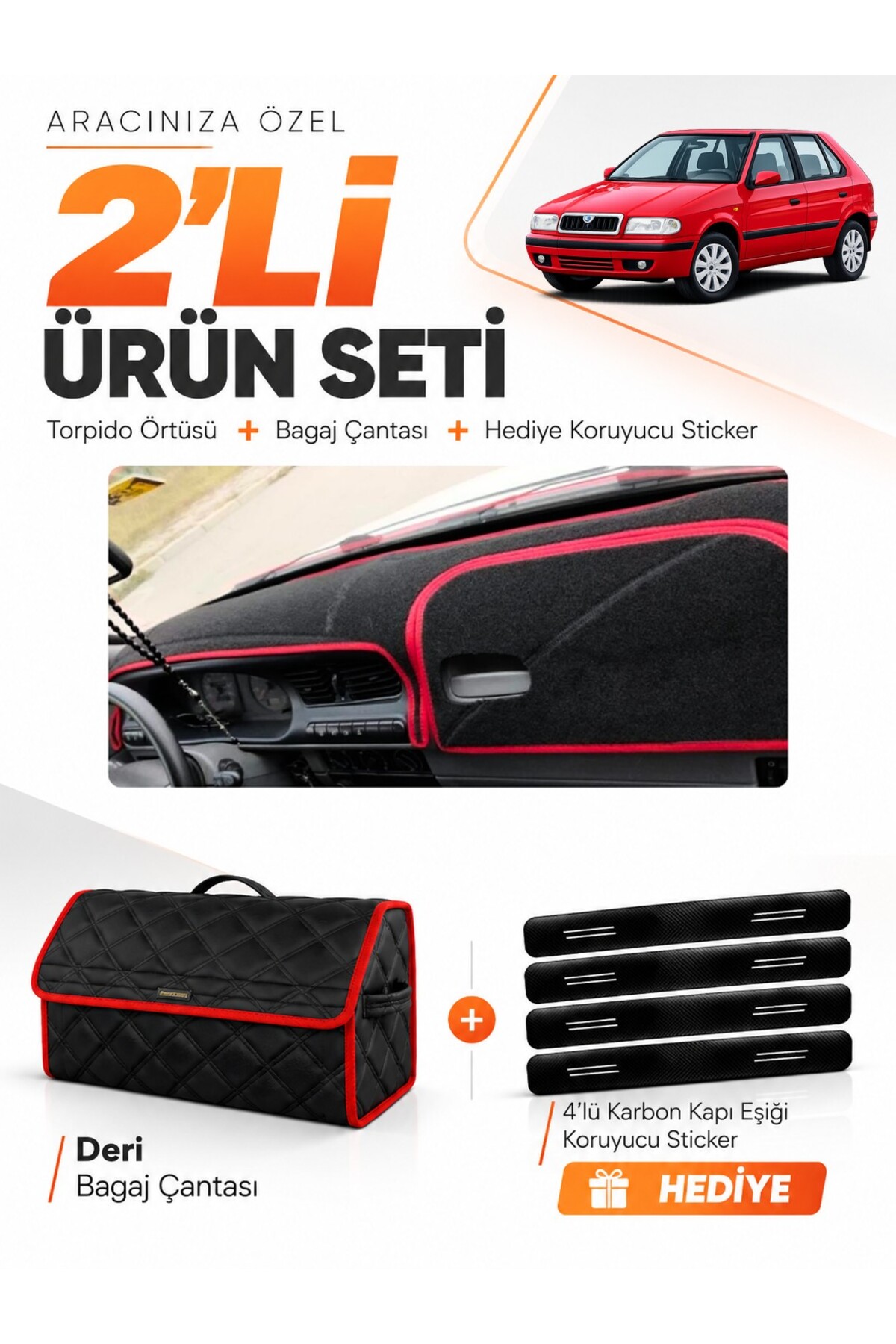 SKODA FELICIA (1994-2001) Uyumlu Torpido Örtüsü + Deri Bagaj Çantası + Sticker Seti - SK006 Siyah-Kırmızı