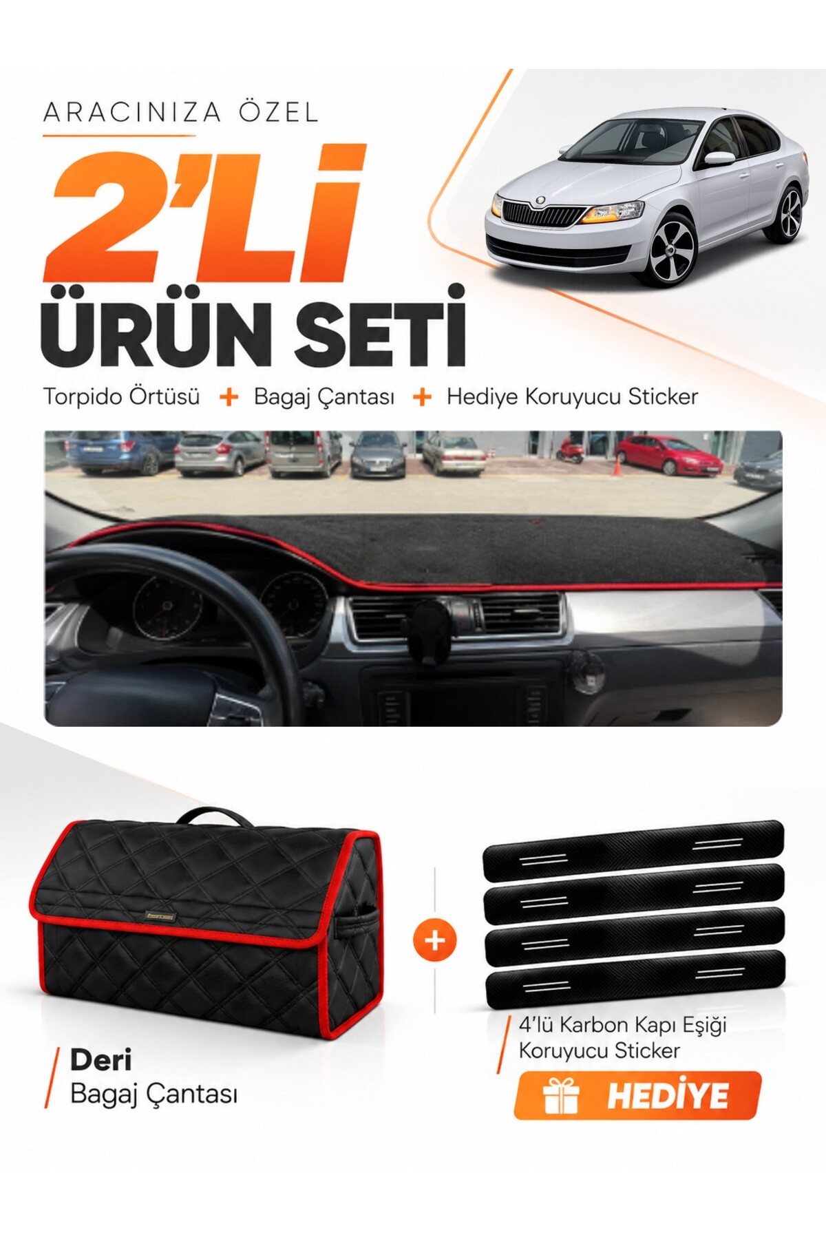 SKODA RAPİD (2013-2017) Uyumlu Torpido Örtüsü + Deri Bagaj Çantası + Sticker Seti - SK011 Siyah-Kırmızı