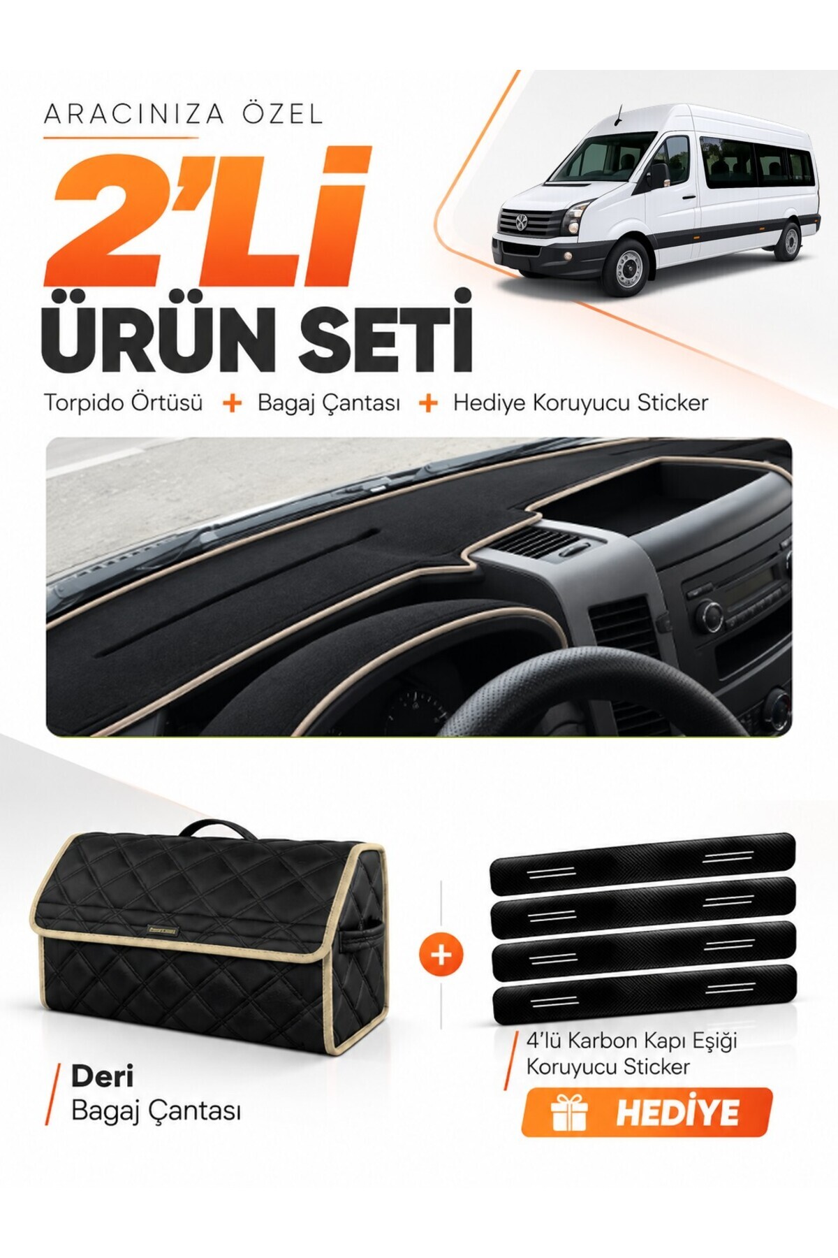 VOLKSWAGEN CRAFTER (2006-2014) Uyumlu Torpido Örtüsü + Deri Bagaj Çantası + Sticker Seti - MB020