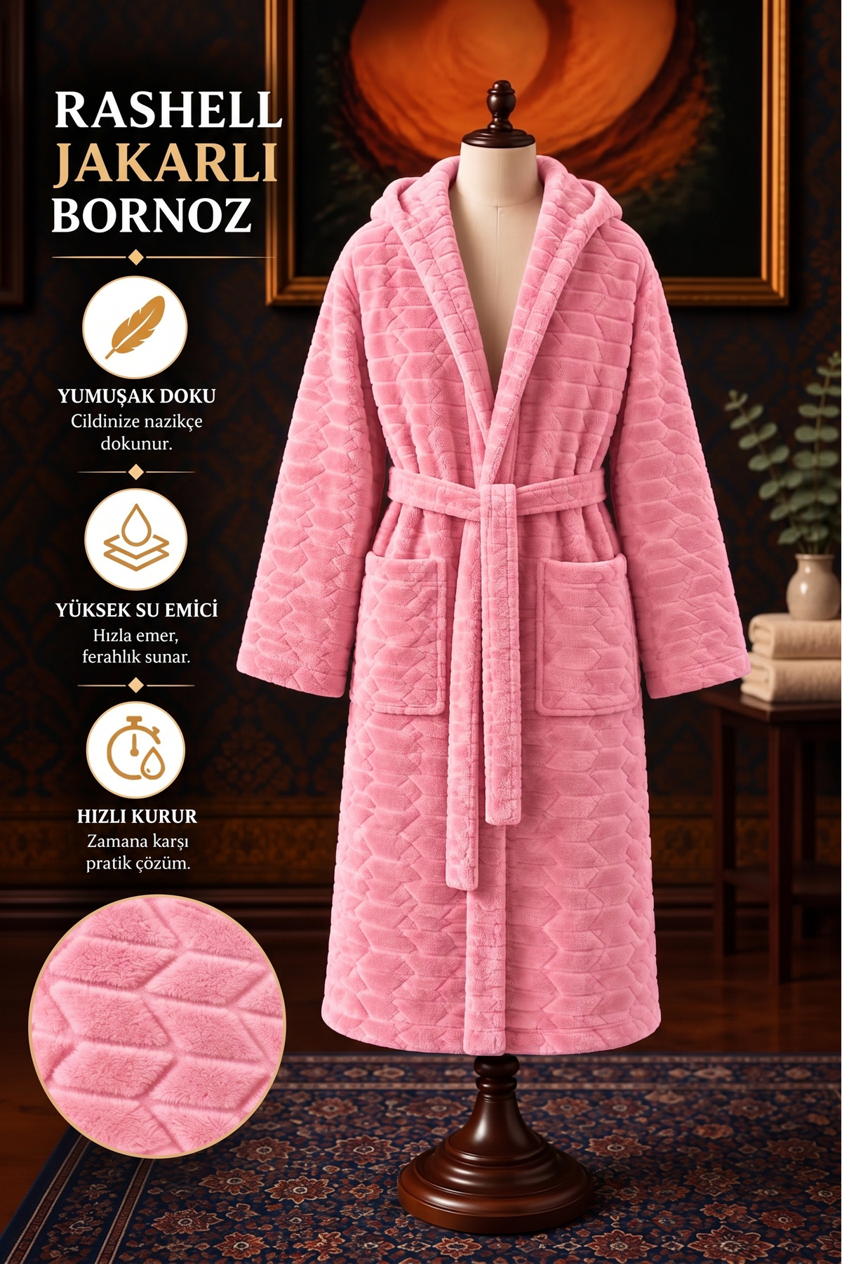 TEXTİLES MAGİC LAMP Unisex Rashell Jakarlı Bornoz Kapüşonlu – Yumuşak Peluş Dokulu Kuşaklı Cepli Kadın Erkek Banyo ve Ev Bornozu
