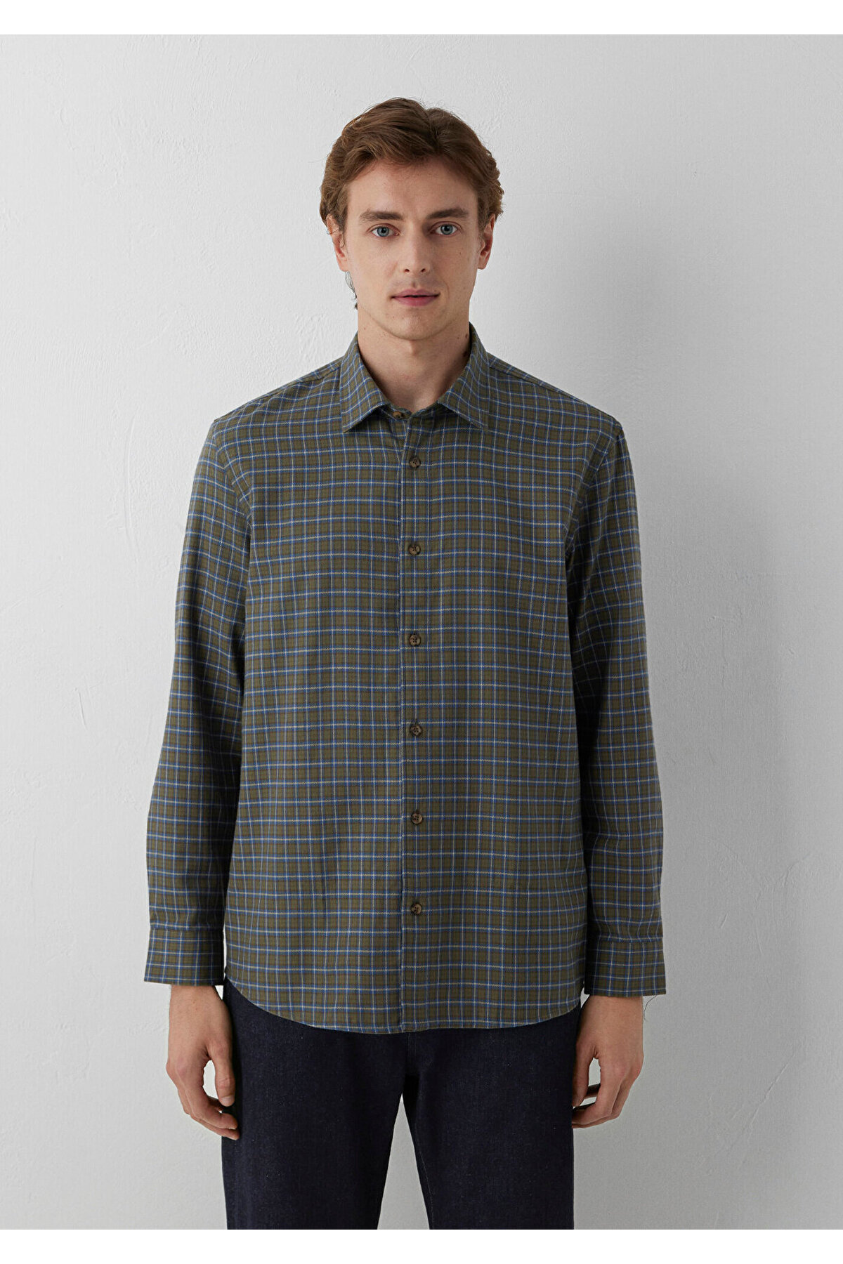پیراهن چهارخانه خاکی با برش معمولی 0212021-82048 — سبز — تصویر 3 از 7