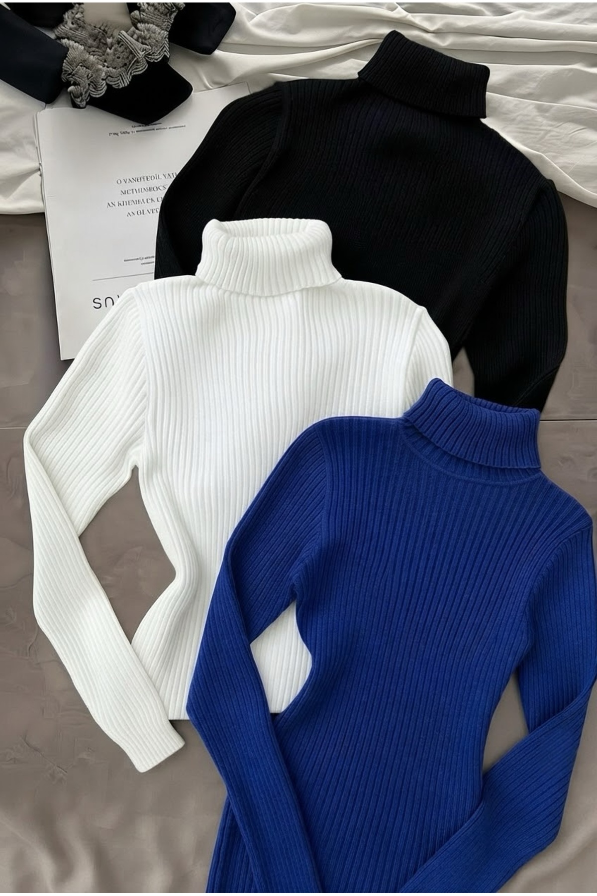 Pamuk Dokulu Triko Balıkçı Yaka Slim Fit Unisex Günlük Uzun Boğazlı Kazak | 3'lü Set — سرمه‌ای WİNT1