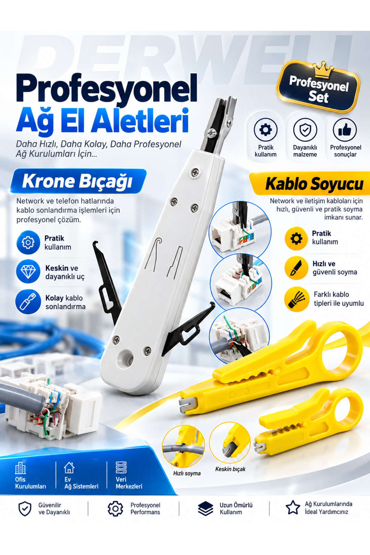 Krone Bıçağı Krone Reglet Pensesi Kep Kep Rj45 Tel Kablo Punch Crimper + Kablo Soyucu Soyma Aparatı