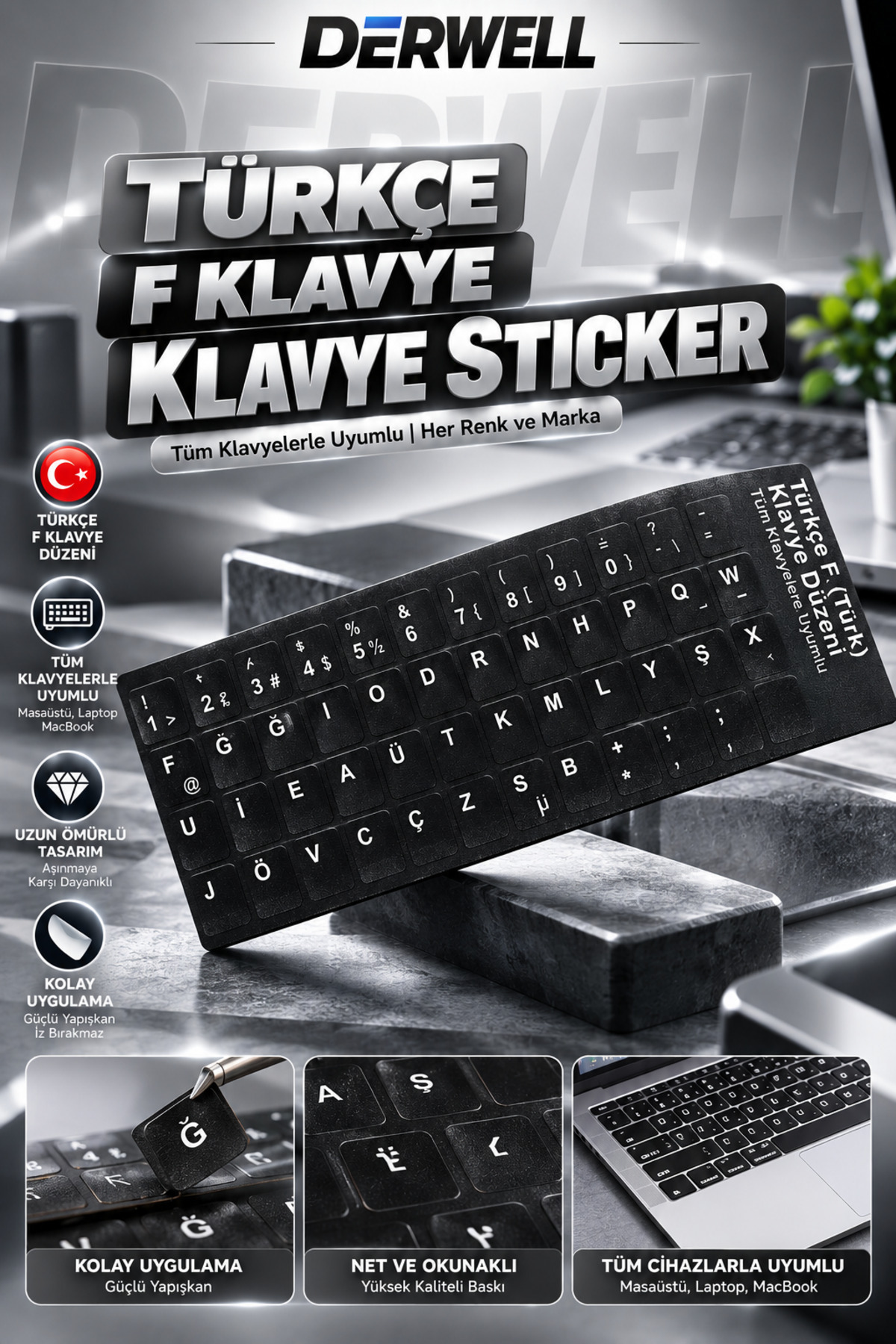 1 Adet Türkçe F Klavye Sticker Notebook Pc Uyumlu Klavye Etiketi Silinmez Yapışkanlı Türkçe Harfler