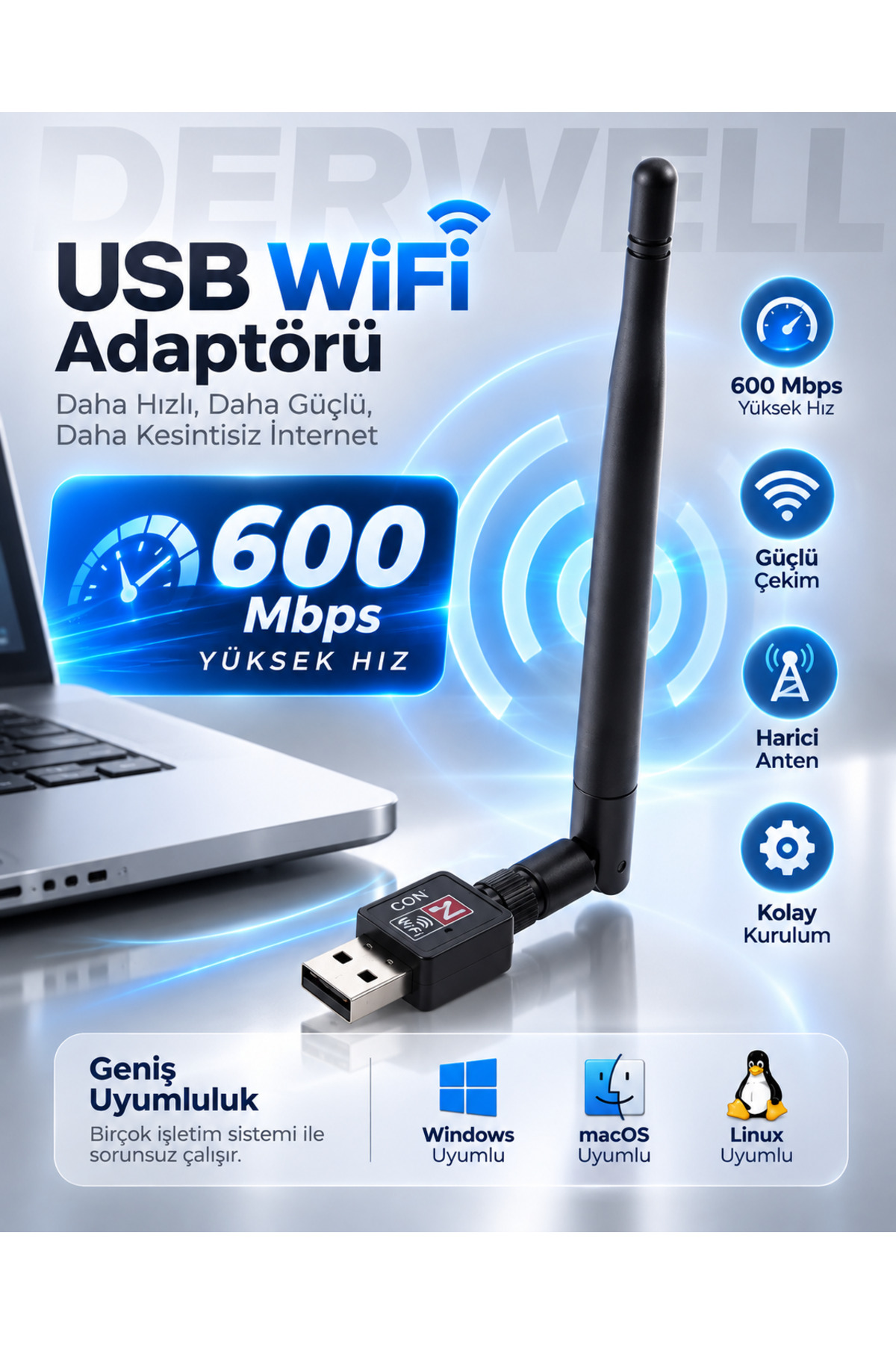 Usb Kablosuz Wireless 600 Mbps Wifi Çekim Yükseltici Adaptör Pc Ağ Lan Kartı Antenli Güçlendirici