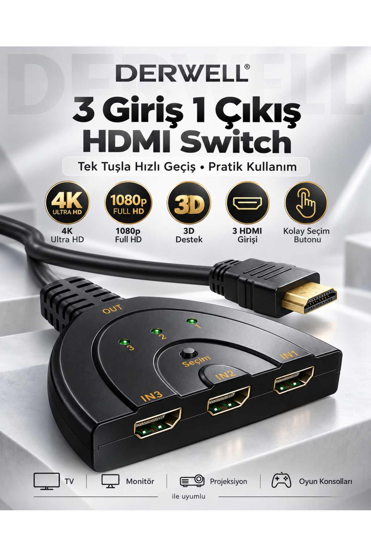 Hdmi Switch 3 In 1 Out Hdmi Giriş Çoklayıcı Port Kablolu Hdmı Otomatik Switch Çoğaltıcı Splitter