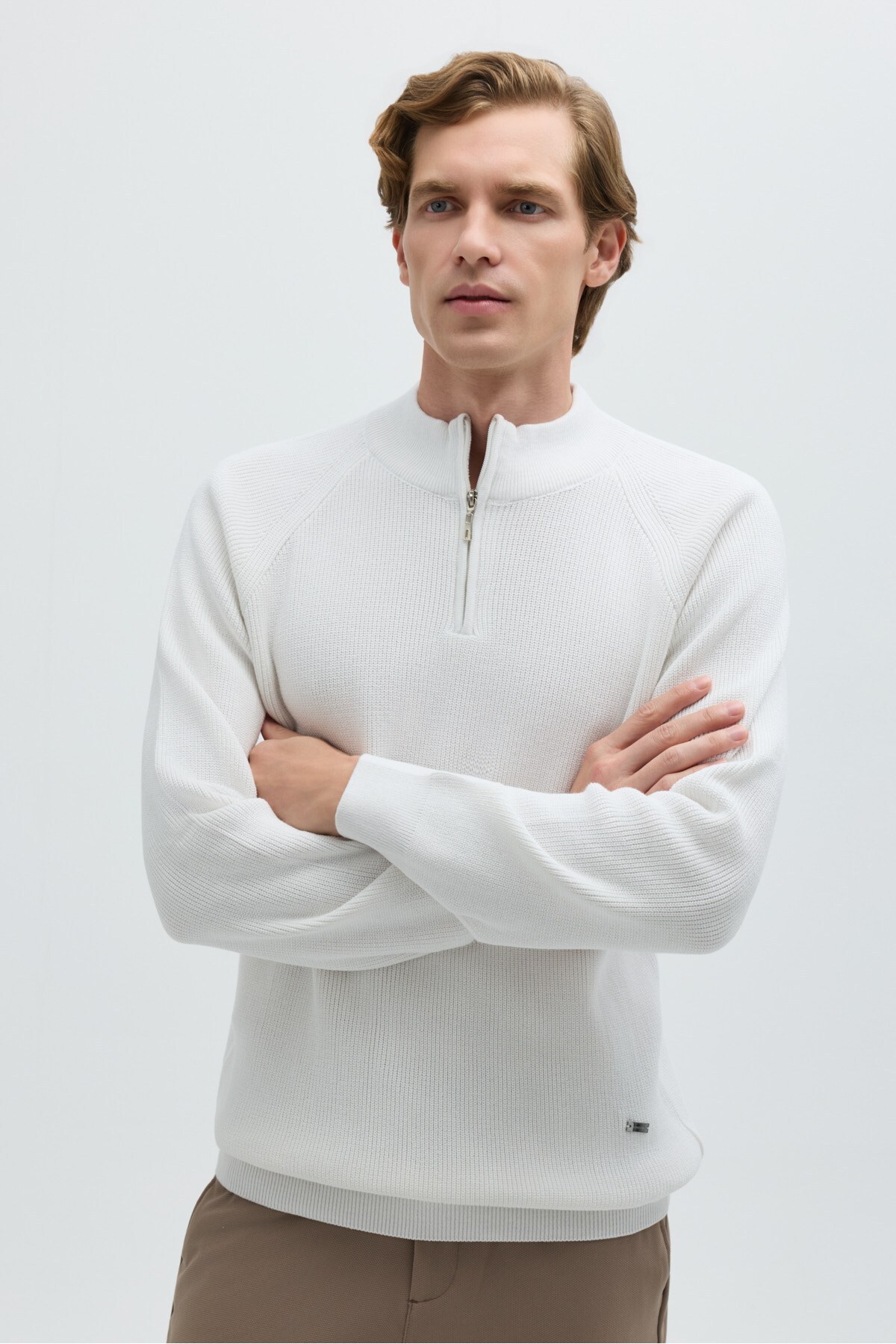 Ekru Slim Fit Fermuarlı Yarım Balıkçı Yaka Triko Kazak — کرم SW2200099 — تصویر 3 از 7
