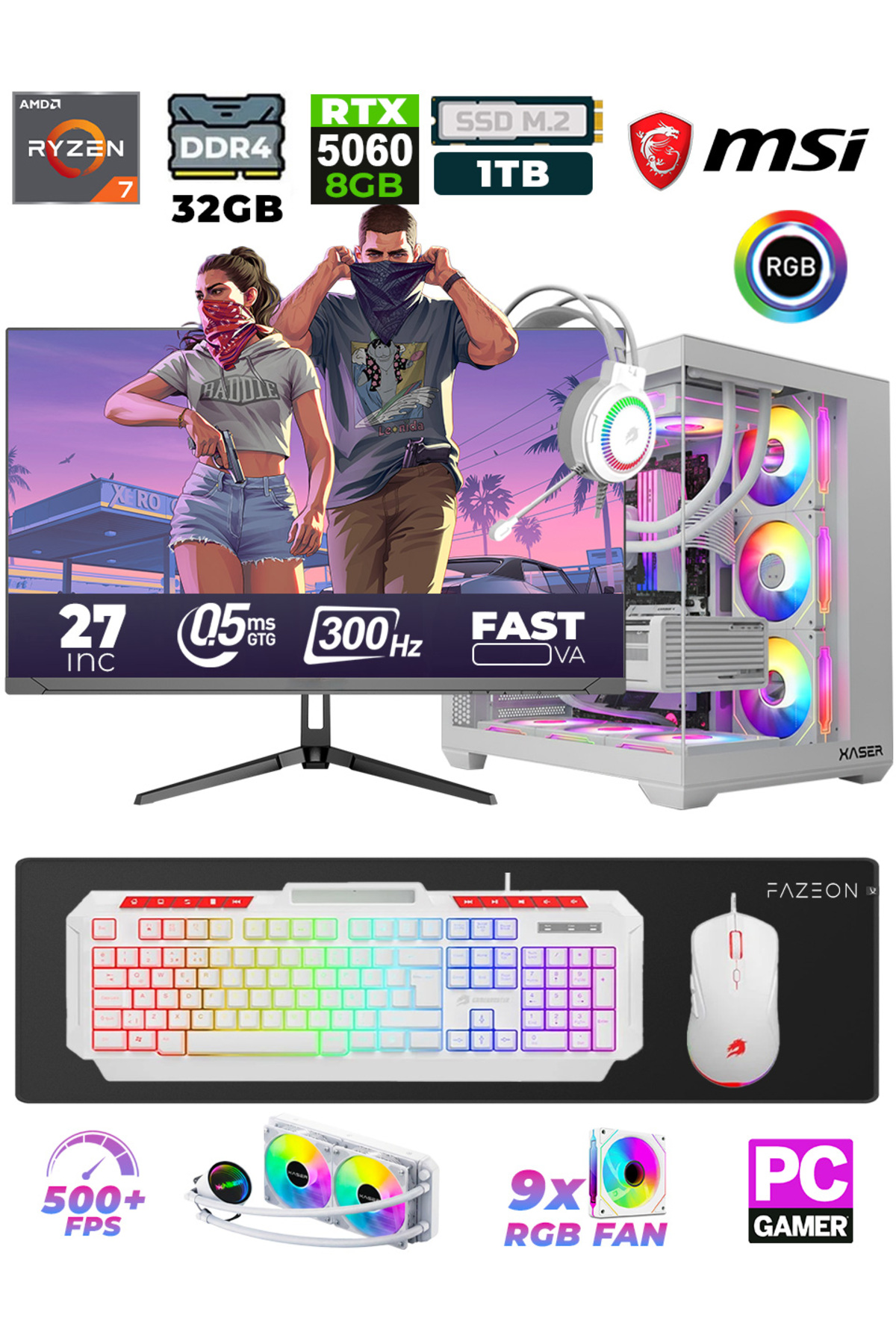 XASER Sword X55 Ryzen 7 5700X 32GB 1TB M.2 SSD 8GB RTX5060 27\" 300Hz Sıvı Soğutmalı Oyuncu Bilgisayarı