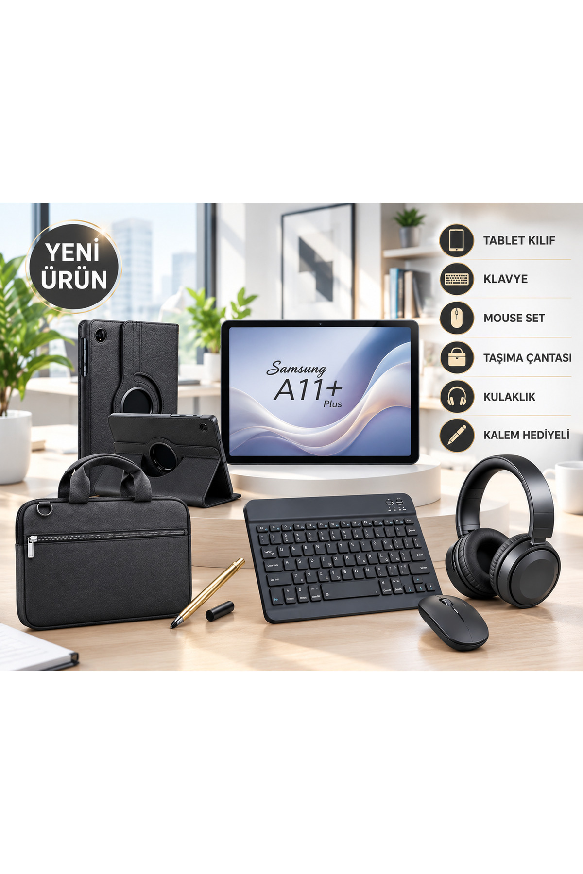 Samsung Galaxy Tab A11+ 11''İNCH (PLUS) 6/128 GB TABLET+GOLD KALEM+PEMBE KILIF+SİYAH KLAVYE MOUSE+SİYAH KULAKLIK+ÇANTA(SİYAH)