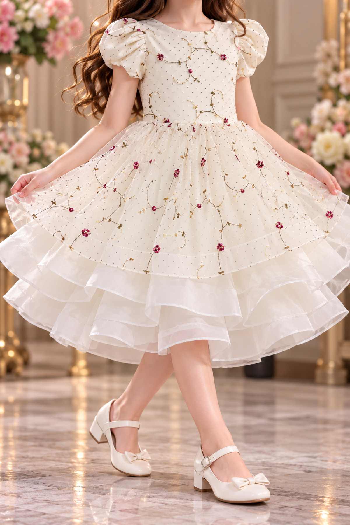 Girls' White Floral Trim Flutter Sleeve Multi-Layered Ruffle Skirt Occasion Dress