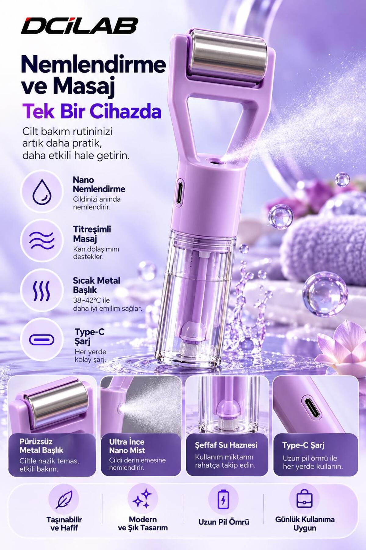 Nano Mist Nemlendirme ve Sıcak Metal Masaj Cihazı | 38–42°C Isı, Titreşimli Masaj, Type-C Şarj — مشکی DCİ-G4
