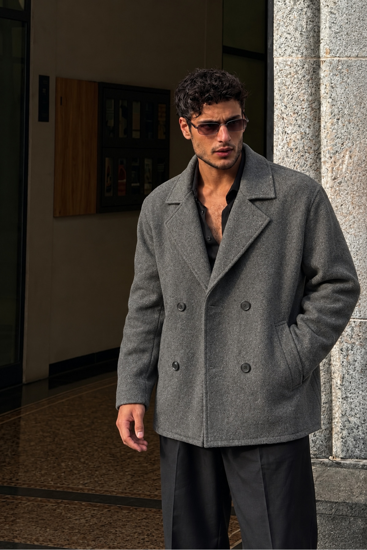 Erkek Oversize Kruvaze Kaşe Kaban — خاکستری 155 — تصویر 4 از 6
