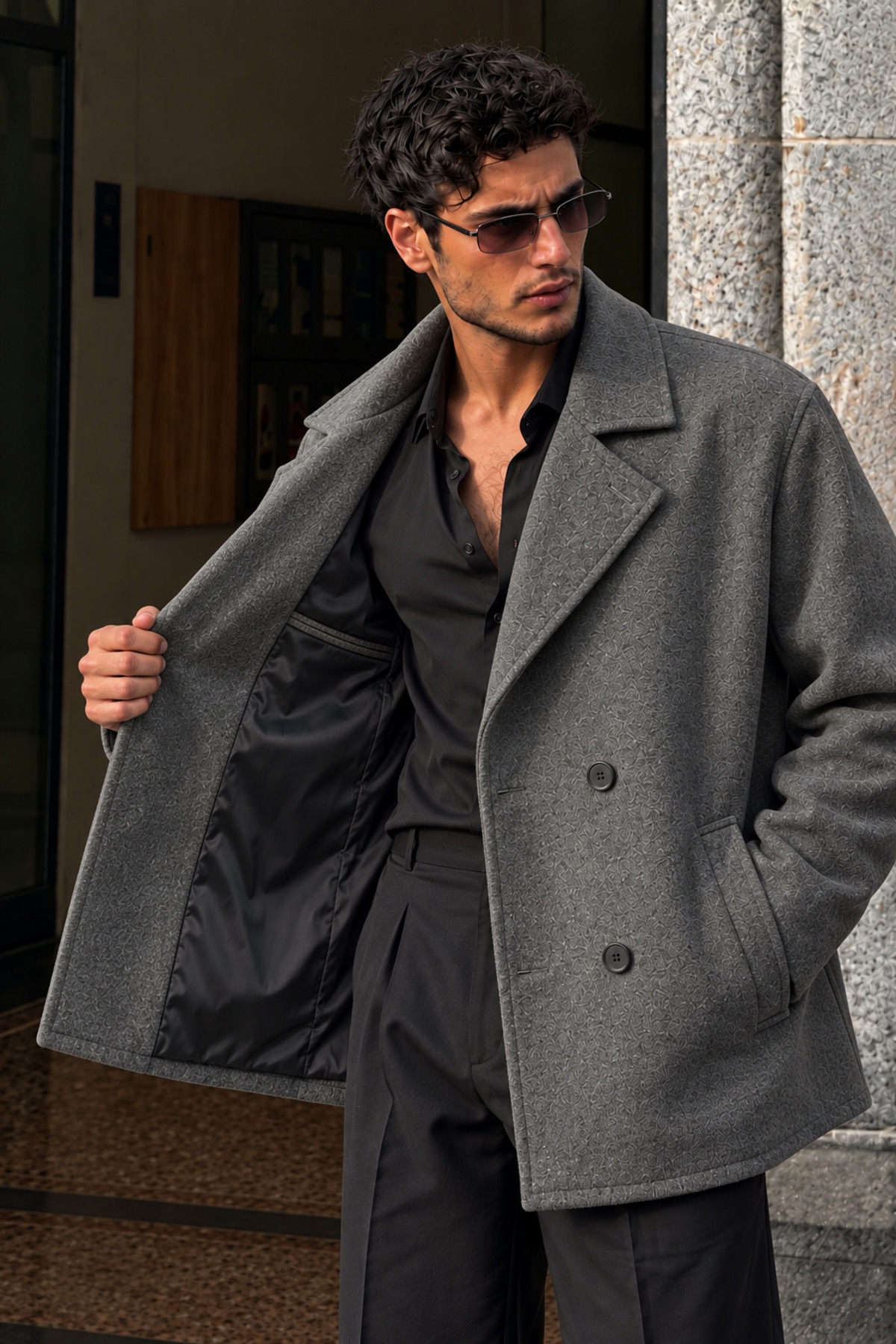 Erkek Oversize Kruvaze Kaşe Kaban — خاکستری 155 — تصویر 2 از 6