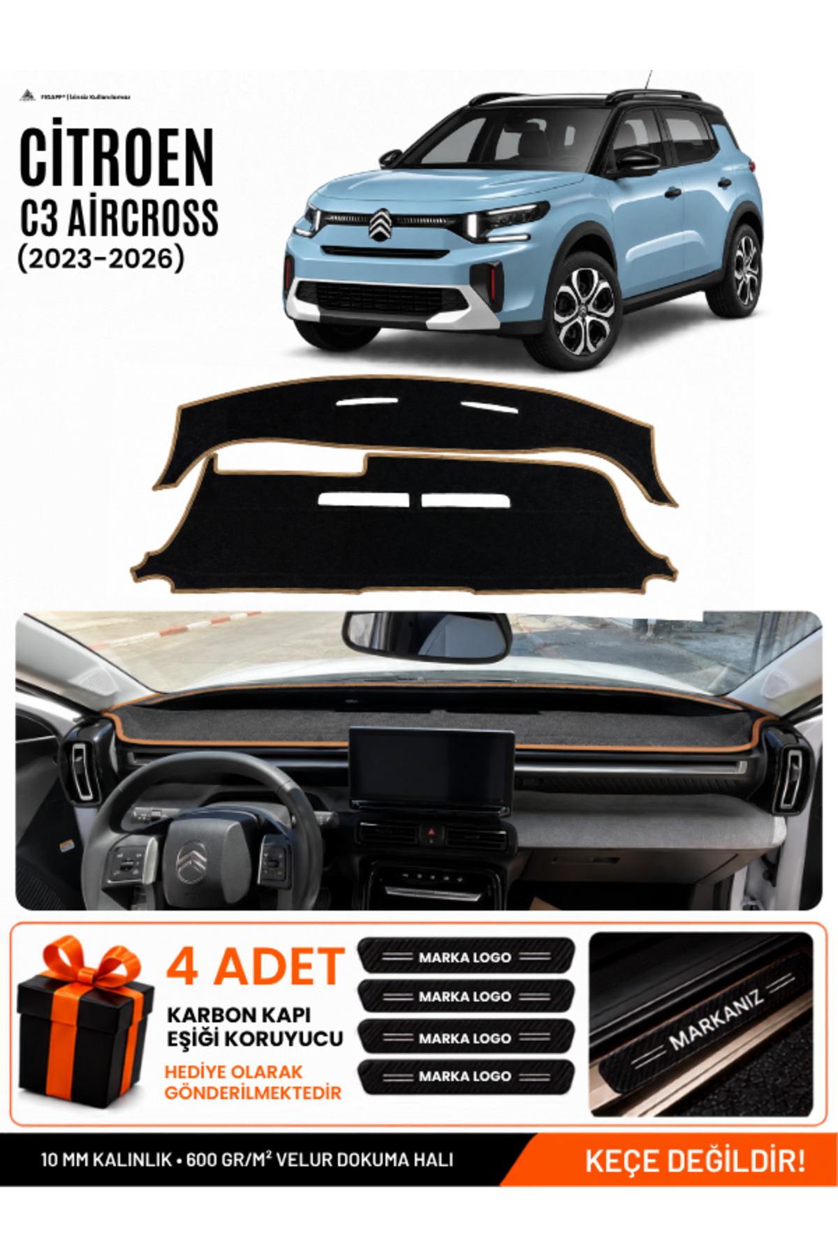 CİTROEN C3 AİRCROSS (2023-2026) Uyumlu Torpido Örtüsü, Torpido Kılıfı Siyah-Kahverengi