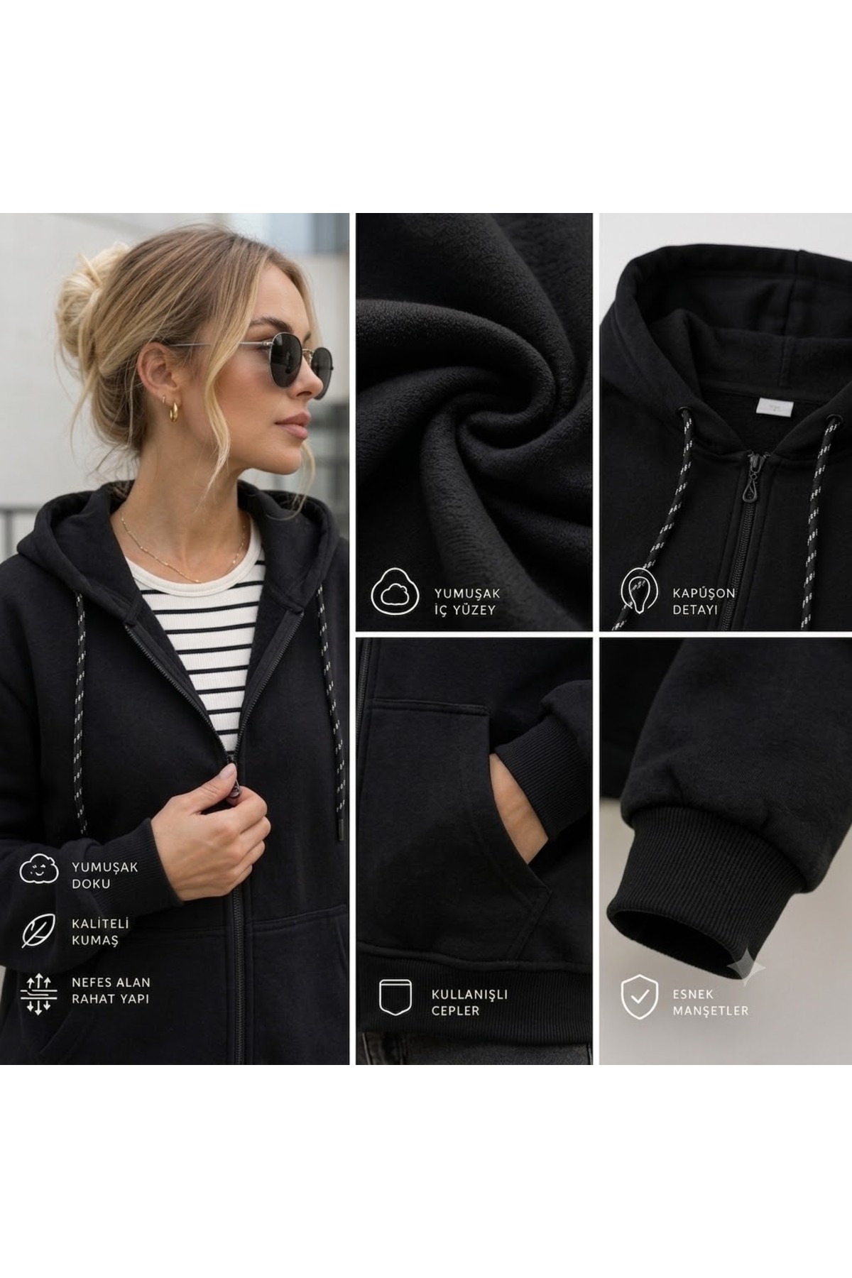 Bysen Black Comfort Kapüşonlu 3 İplik Şardonlu Sweatshirt Unisex Siyah