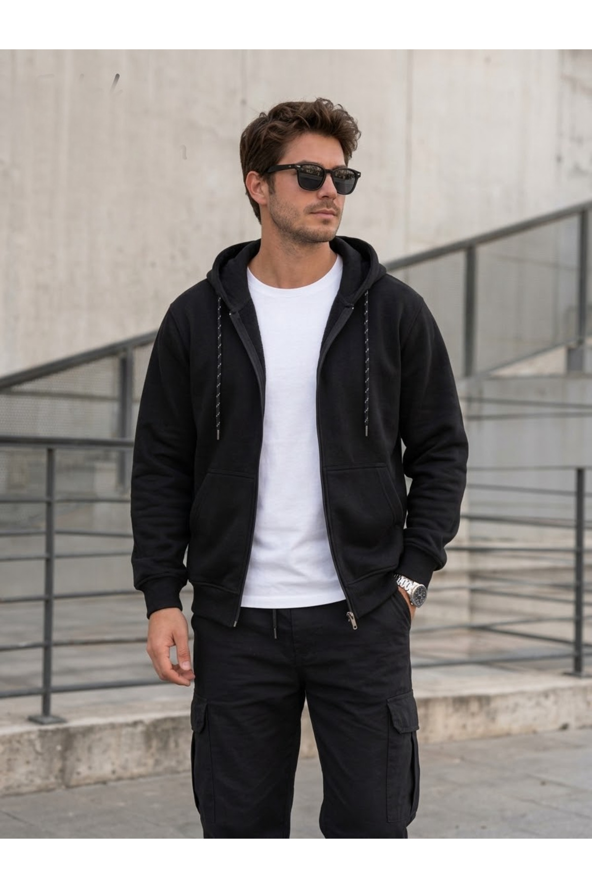 Bysen Black Comfort Kapüşonlu 3 İplik Şardonlu Sweatshirt Unisex Siyah