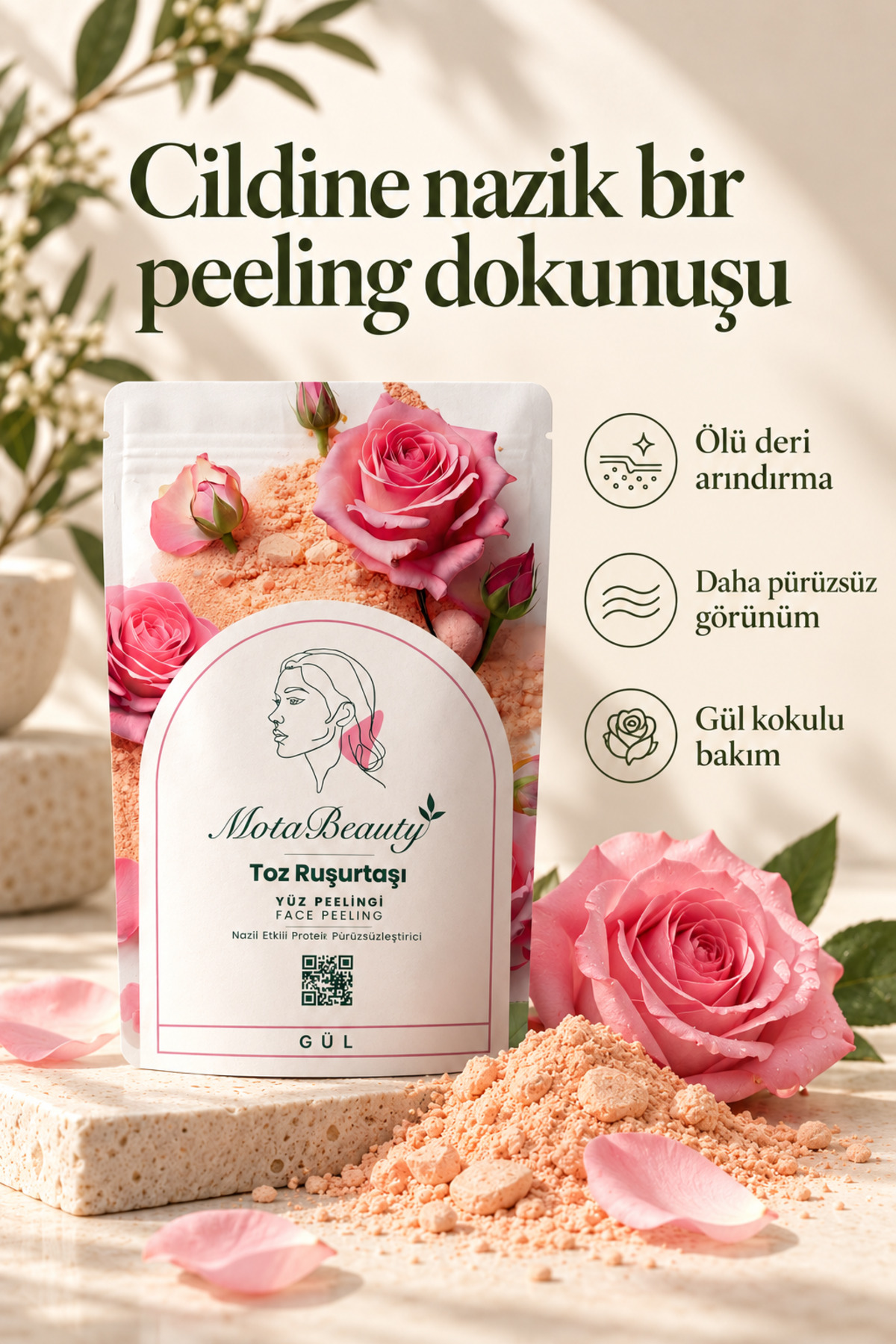 پودر سنگ روسور (سفیداب ایرانی) لایه بردار طبیعی صورت - گل رز - تنظیم رنگ پوست، از بین برنده پوست مرده، ضد جوش سرسیاه — MOTA-RUSUR-POWDER-ROSE — تصویر 2 از 8