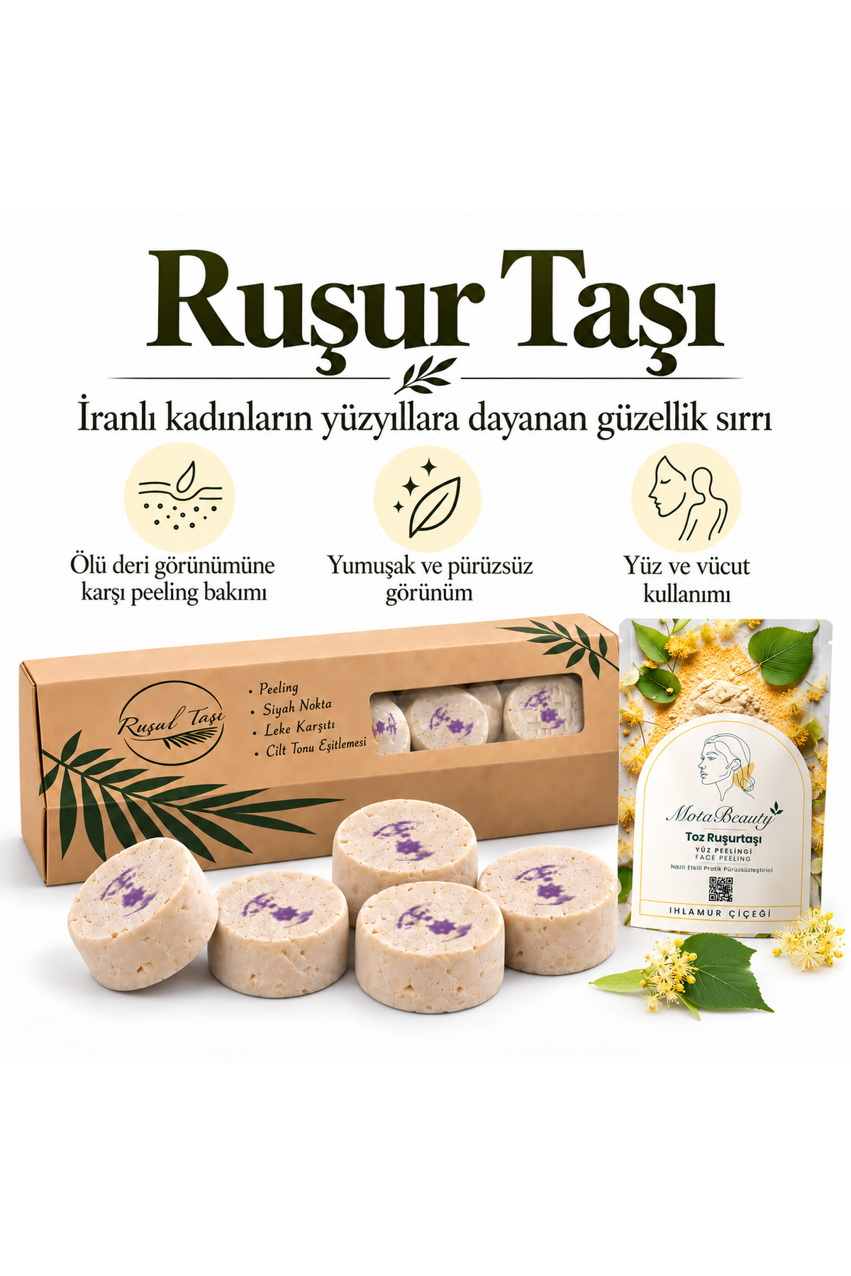 Ruşur Taşı (İran Sefidab) - Doğal Yüz Peelingi - Taş ve Toz Formunda 2'li paket (10 adet taş, Ihlamurlu toz) - Cilt Tonu Eşitleme, Ölü Deri Arındırma, Siyah Nokta Karşıtı — MOTA-RUSUR-TASTOZ-IHL — تصویر 3 از 8