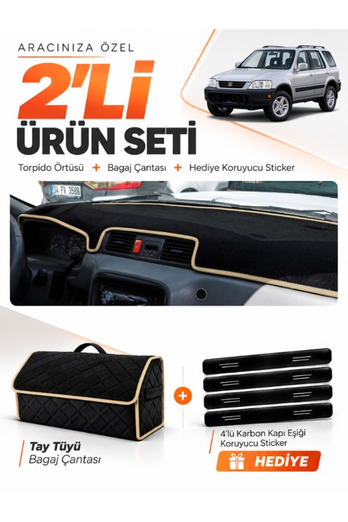 HONDA CR-V (1996-2001) Uyumlu Torpido Örtüsü + Tay Tüyü Bagaj Çantası + Sticker Seti - HO013 Siyah-Bej