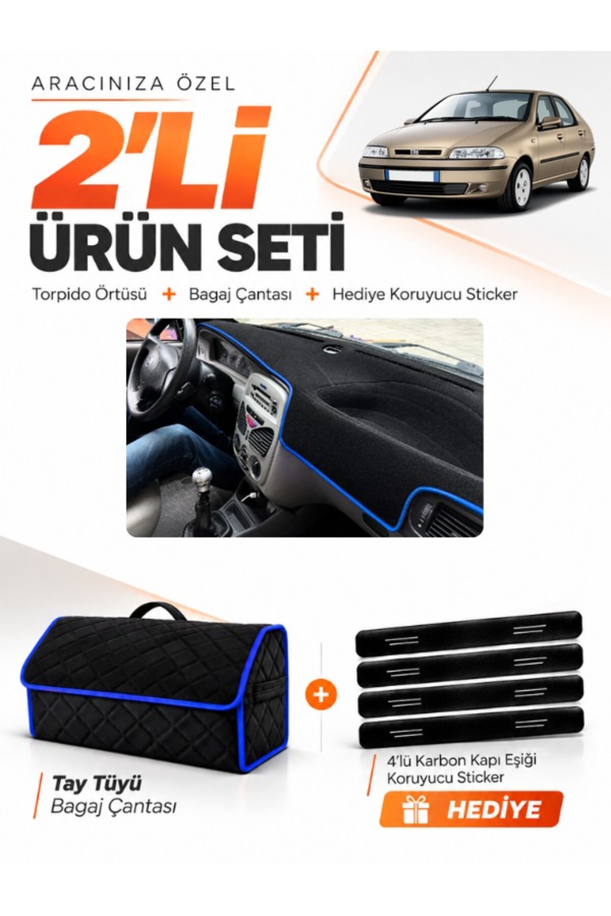 FIAT SİENA (1999-2005) Uyumlu Torpido Örtüsü + Tay Tüyü Bagaj Çantası + Sticker Seti - FI002 Siyah-Mavi