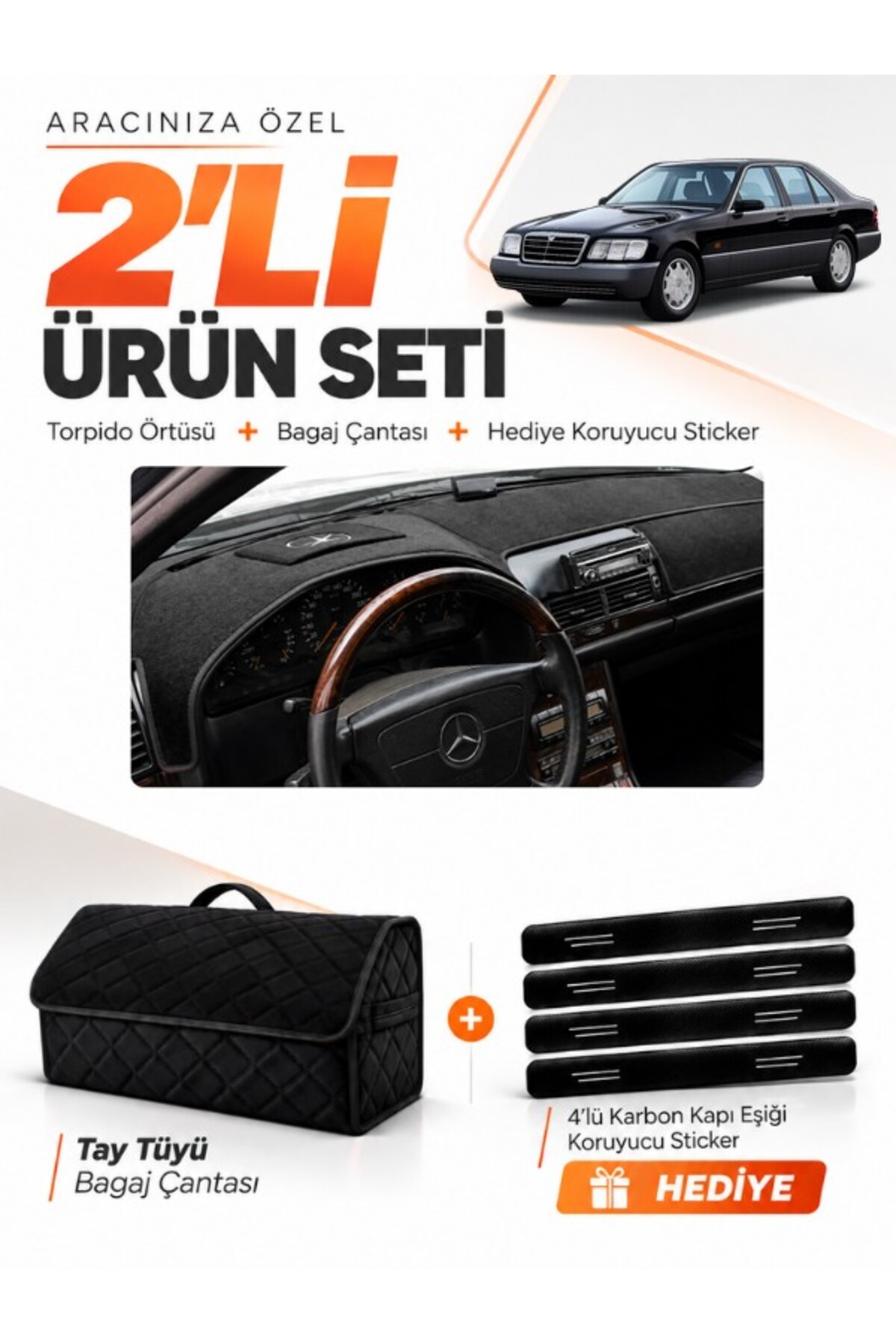 MERCEDES W140 (1991-1998) Uyumlu Torpido Örtüsü + Tay Tüyü Bagaj Çantası + Sticker Seti - MB018