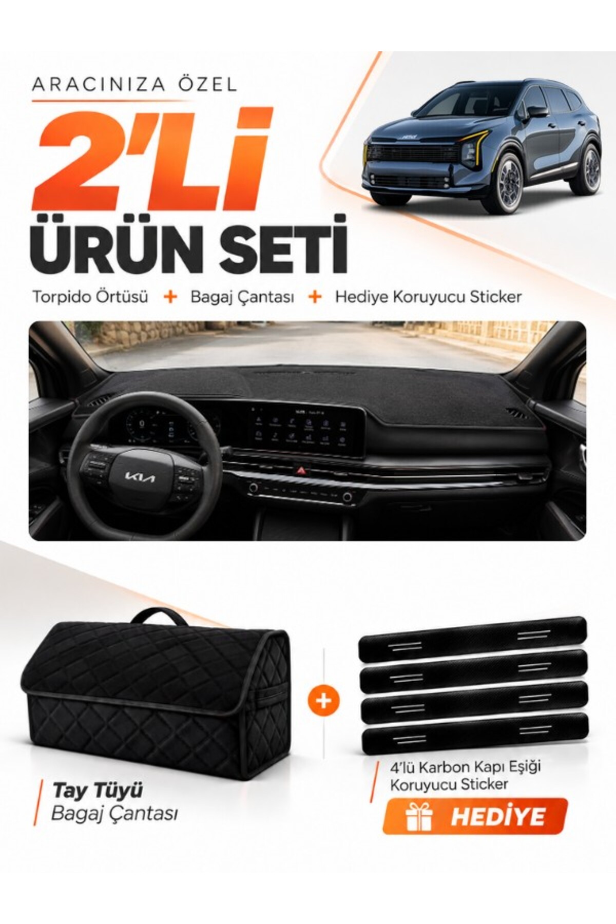 KİA SPORTAGE (2025-Sonrası) Uyumlu Torpido Örtüsü + Tay Tüyü Bagaj Çantası + Sticker Seti - KI026 Siyah