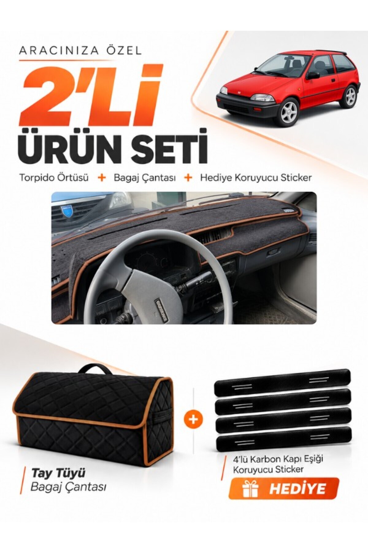 SUZUKI SWİFT (1988-1994) Uyumlu Torpido Örtüsü + Tay Tüyü Bagaj Çantası + Sticker Seti - SZ002 Siyah-Kahverengi