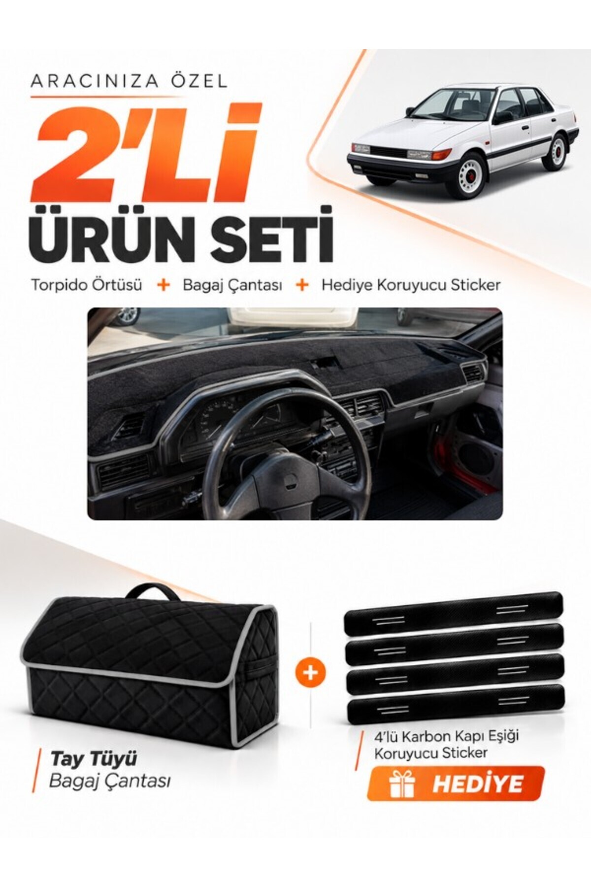 MITSUBISHI LANCER (1987-1991) Uyumlu Torpido Örtüsü + Tay Tüyü Bagaj Çantası + Sticker Seti - MI012 Siyah-Gri