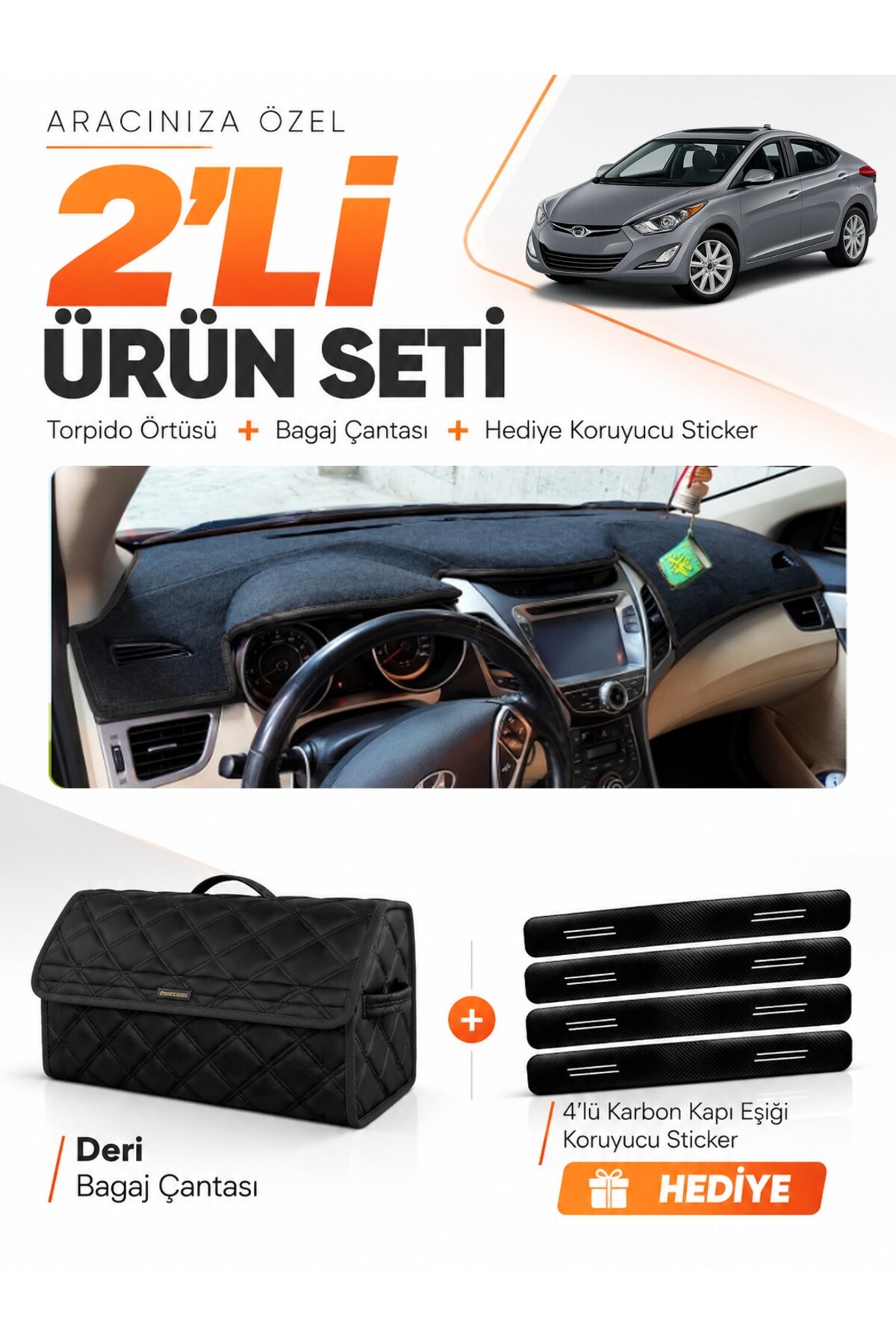 HYUNDAİ ELANTRA (2011-2017) Uyumlu Torpido Örtüsü + Deri Bagaj Çantası + Sticker Seti - HU016 Siyah