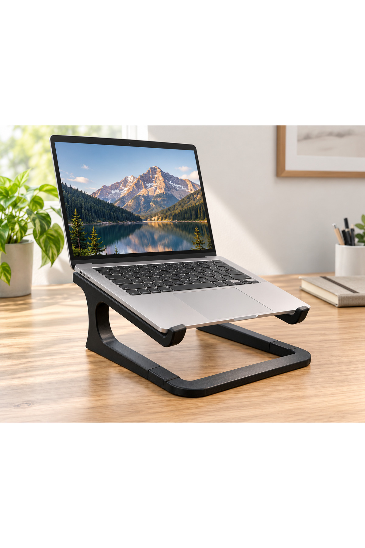 Luna Laptop Yükseltici Stand, siyah renkli stand üzerinde yükseltilmiş bilgisayarın çalışma masasında kullanımı.
