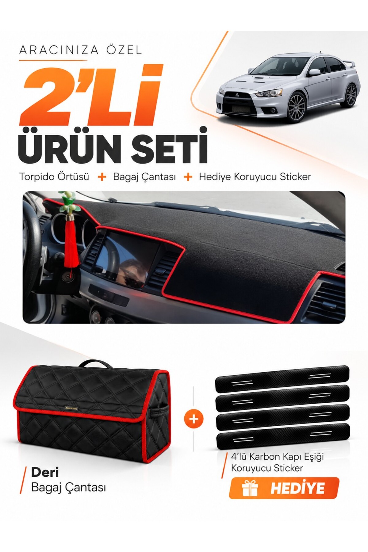 MITSUBISHI LANCER (2007-2015) Uyumlu Torpido Örtüsü + Deri Bagaj Çantası + Sticker Seti - MI014 Siyah-Kırmızı