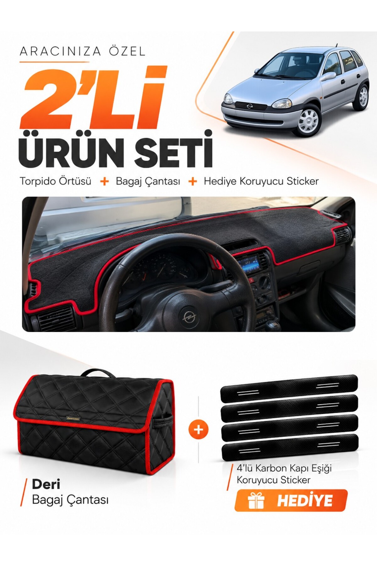 OPEL CORSA B (1992-2000) Uyumlu Torpido Örtüsü + Deri Bagaj Çantası + Sticker Seti - OP006