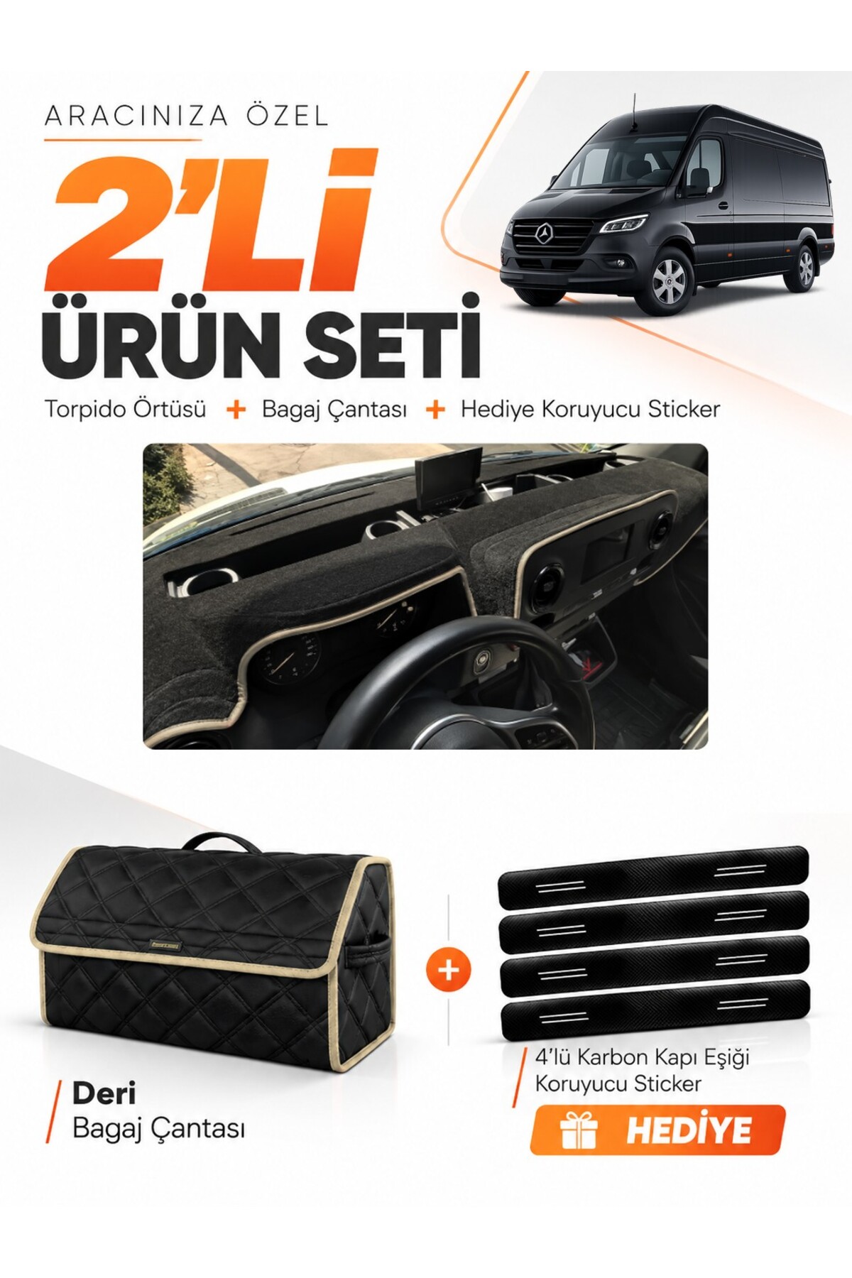 MERCEDES SPRİNTER W907-W910 (2018-2026) Uyumlu Torpido Örtüsü + Deri Bagaj Çantası Seti - MB021 Siyah-Bej