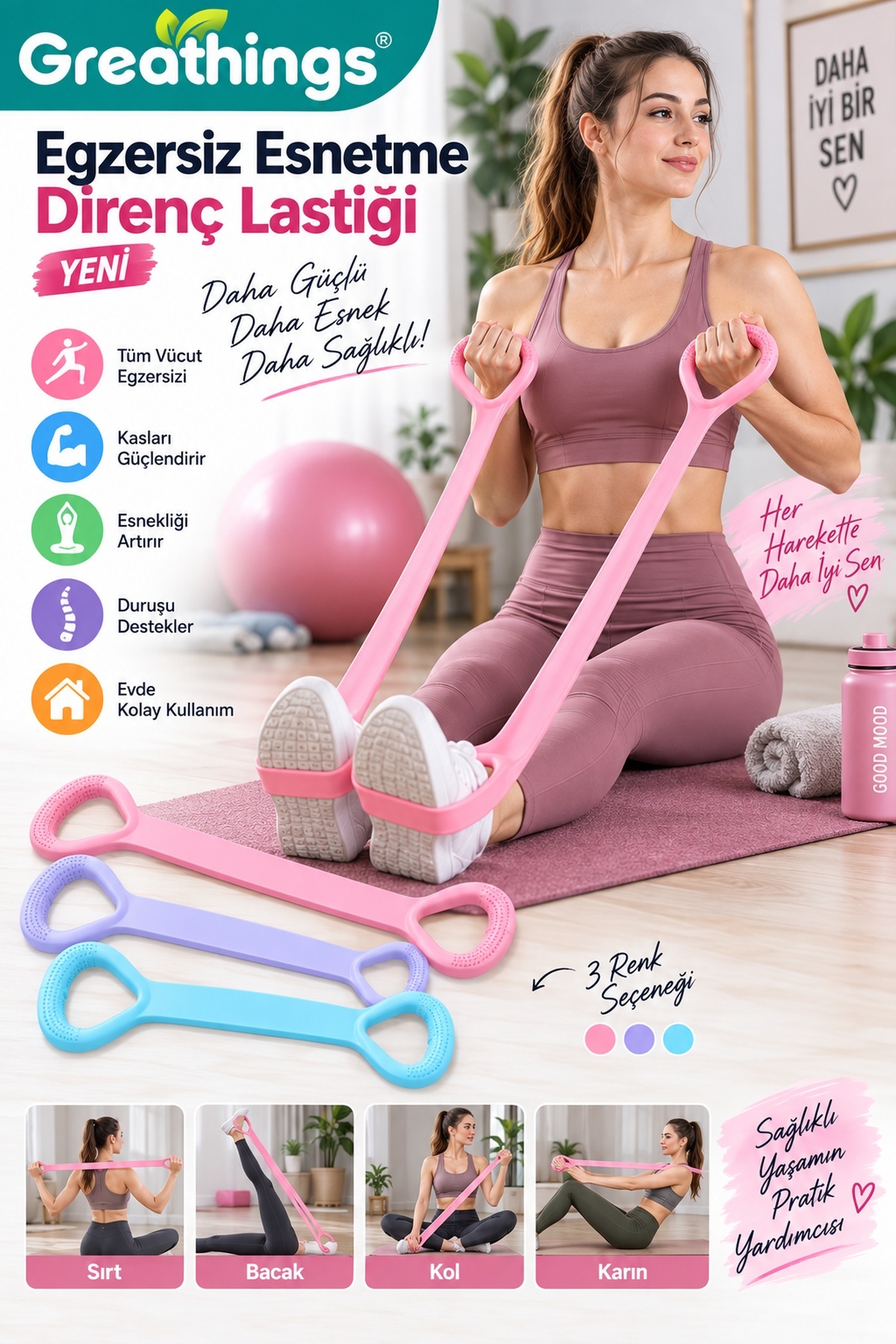 Greathings 45 x 3,5 cm 8 Şekilli Egzersiz Esnetme Direnç Lastiği Pilates ve Fitness Bandı