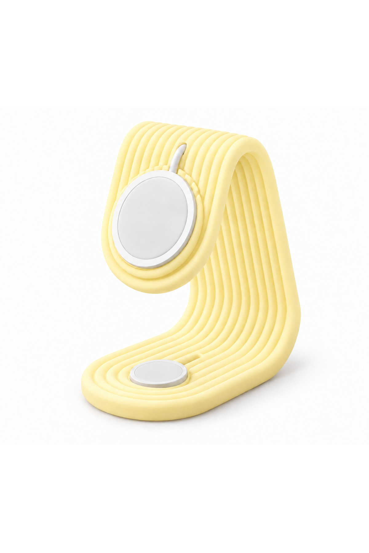 Mira Duo Watch ve Telefon Şarj Standı, pastel sarı renkli gövdeyle çift şarj diskini taşıyan dalgalı standın önden ürün görünümü.