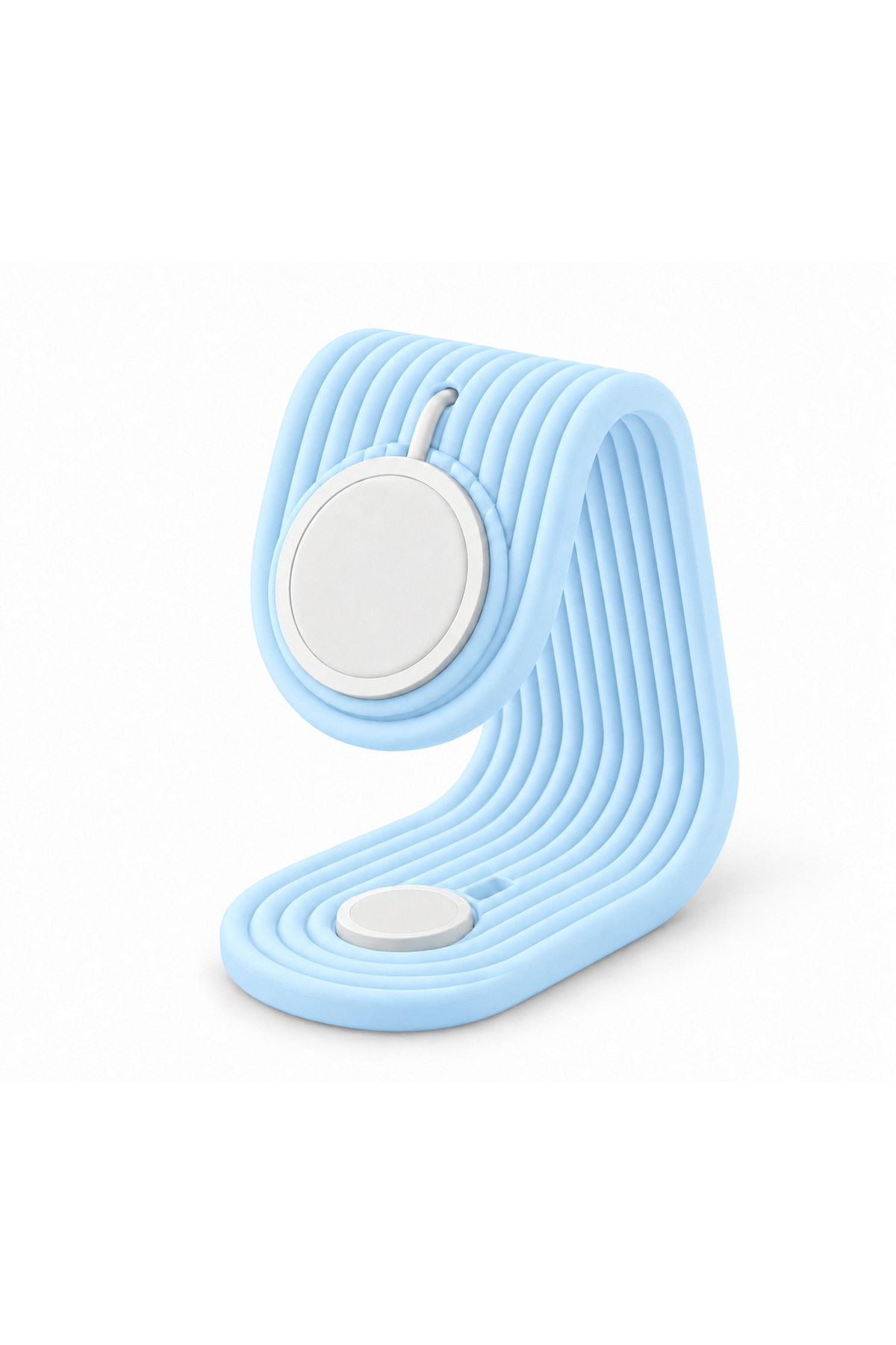 Mira Duo Watch ve Telefon Şarj Standı, pastel mavi renkli gövdeyle çift şarj diskini taşıyan dalgalı standın önden ürün görünümü.