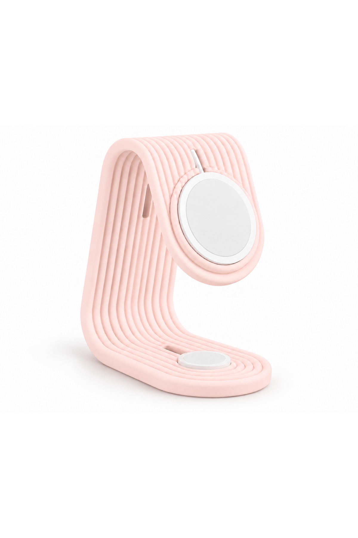 Mira Duo Watch ve Telefon Şarj Standı, pastel pembe renkli gövdeyle çift şarj diskini taşıyan dalgalı standın önden ürün görünümü.