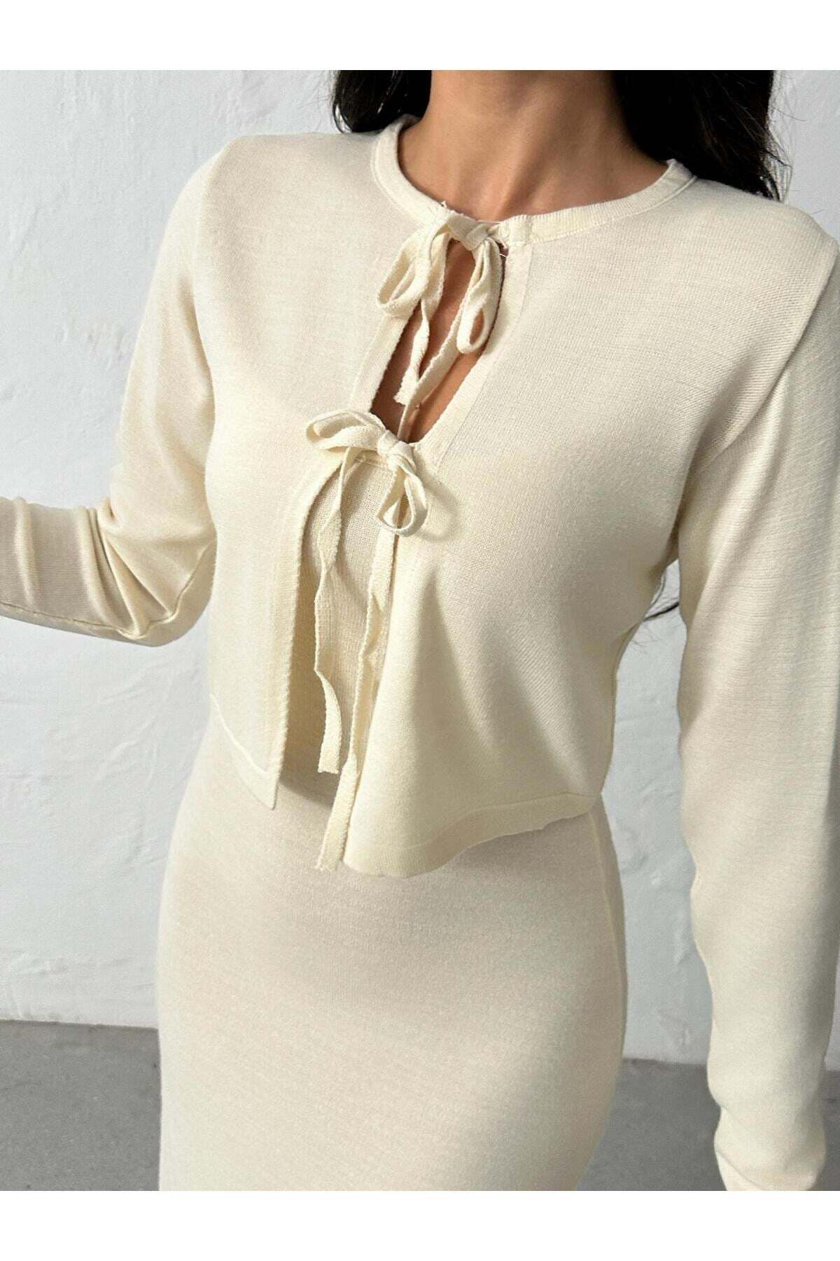 Bağlamalı Bolero Hırka ve İp Askılı Triko Elbise İkili Takım 5