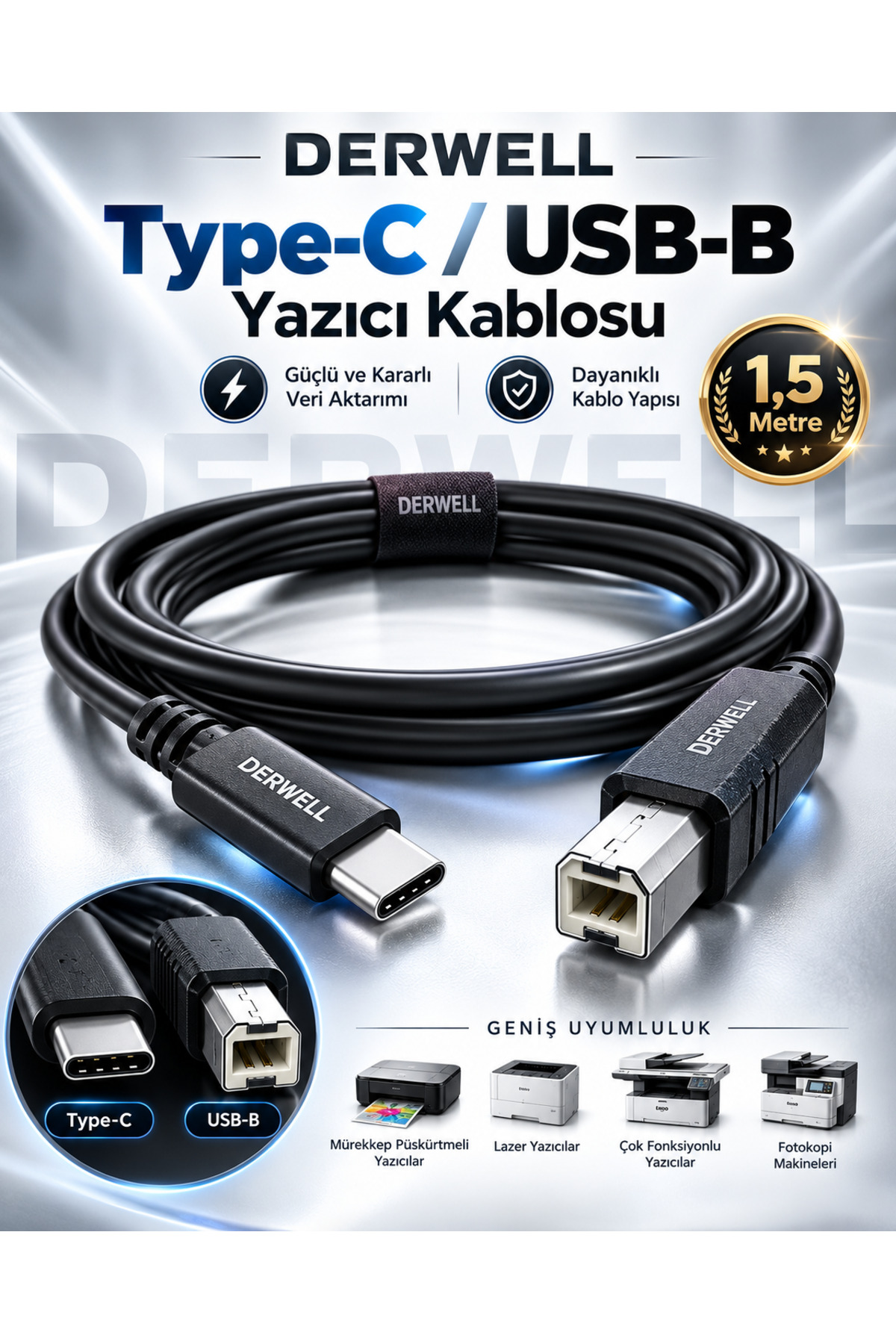 1.5 Metre 1.5mt Type-C To Usb Printer Kablo Macbook Hp Canon Samsung Yazıcı Ara Kablosu Telefon Laptop Için Type-C To Usb-B Midi - Yazıcı Kablosu