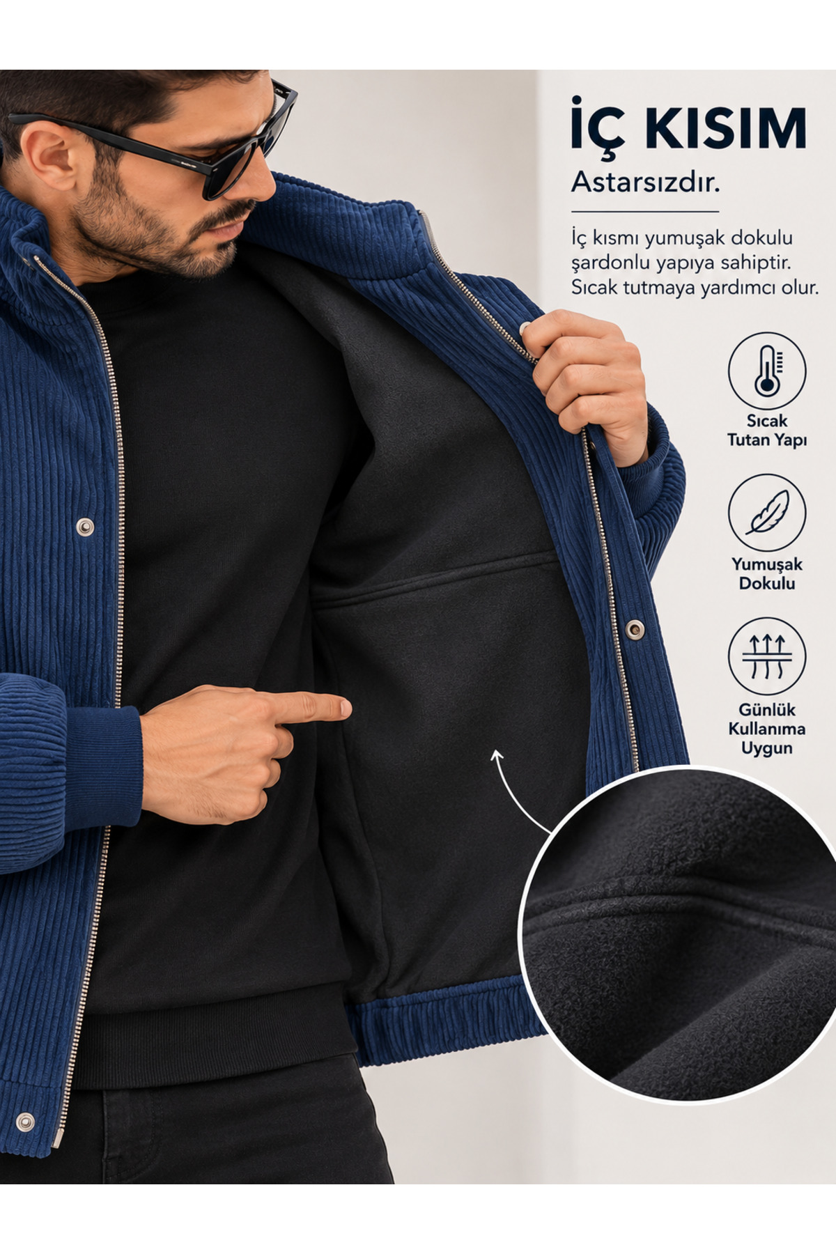 Erkek Fitilli Kadife Mont Astarsız Oversize Dik Yaka Çıtçıtlı Bomber Ceket — سرمه‌ای 8234 — تصویر 4 از 5