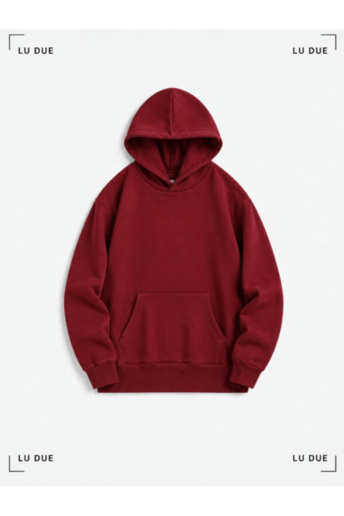 LU DUE Unisex Tasarım Düz Renk Baskısız Kapşonlu Yumuşak Dokulu 3 İplik Oversize Bordo Penye SweatShirt