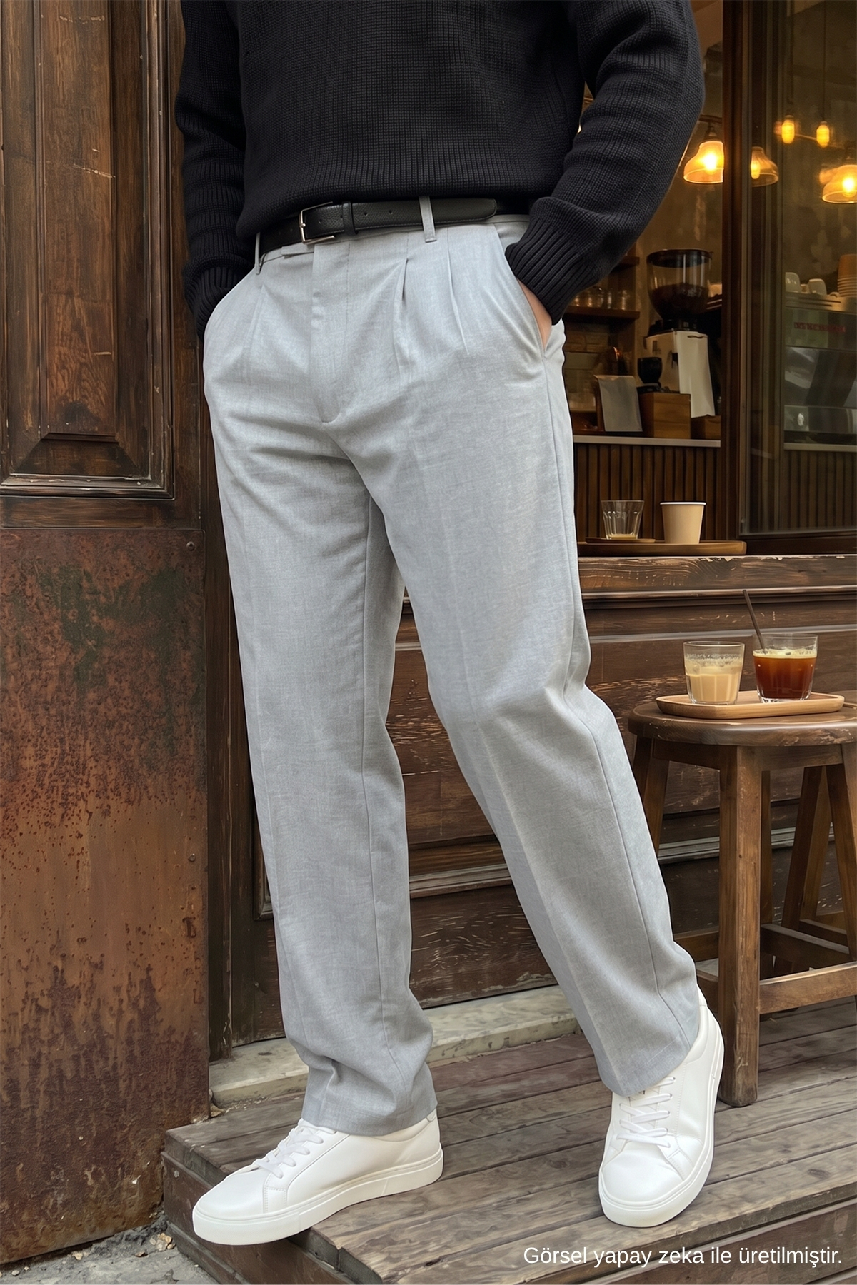 Erkek Kumaş Baggy Kalıp Pileli Açık Gri Pantolon — رنگارنگ 2901